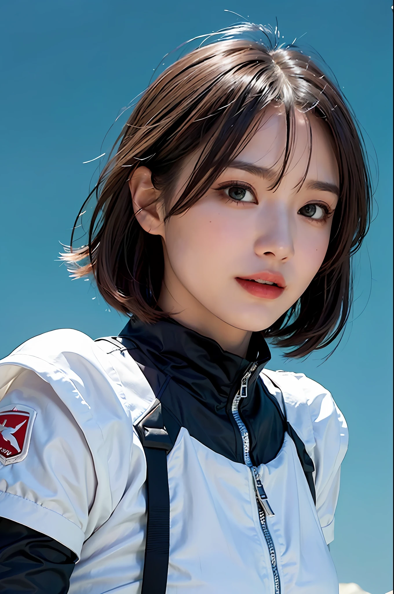 top-quality、masterpiece、超A high resolution、(realisitic:1.4)、1femele、Beautiful detail eyes and skin、ssmile、Light brown short-cut hair、Petite bust、The perfect spacesuit、spaceships、Desolate and mysterious planet、Green sky、UFOs flying in the sky、Mysterious Giant Ruins、in isekai、