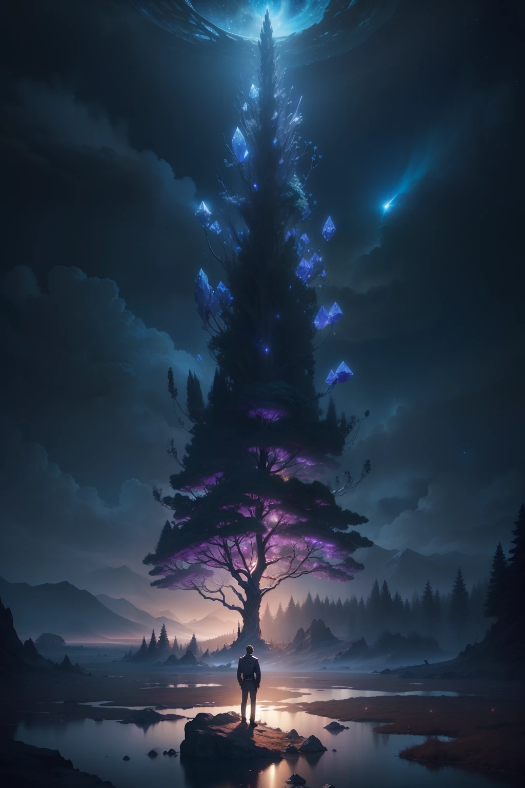 Illustration of a hyperrealistic , otherworldly, ultrasky scene featuring a giant crystal tree full body,very detailed and magical lighting, intricate forest details, vegetation and river around, solarpunk ,landscape, giant tree, beatifull leafy with beautiful lighting and realistic proportions, as if it were a cinematic background, 8k, highest quality, masterpiece, clouds and stars in the sky.