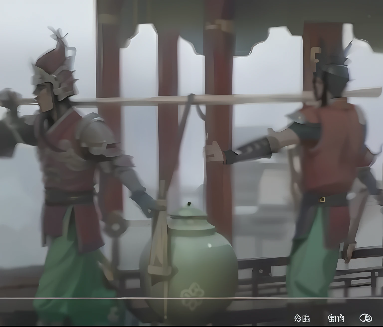 Two men wearing ancient Chinese armor, the man in the image of Tiangong Lushi has Chinese armor on his waist and a Chinese helmet, and together they use a wooden stick to carry a water tank, Chinese style, realistic style, rich details, full body, side to camera