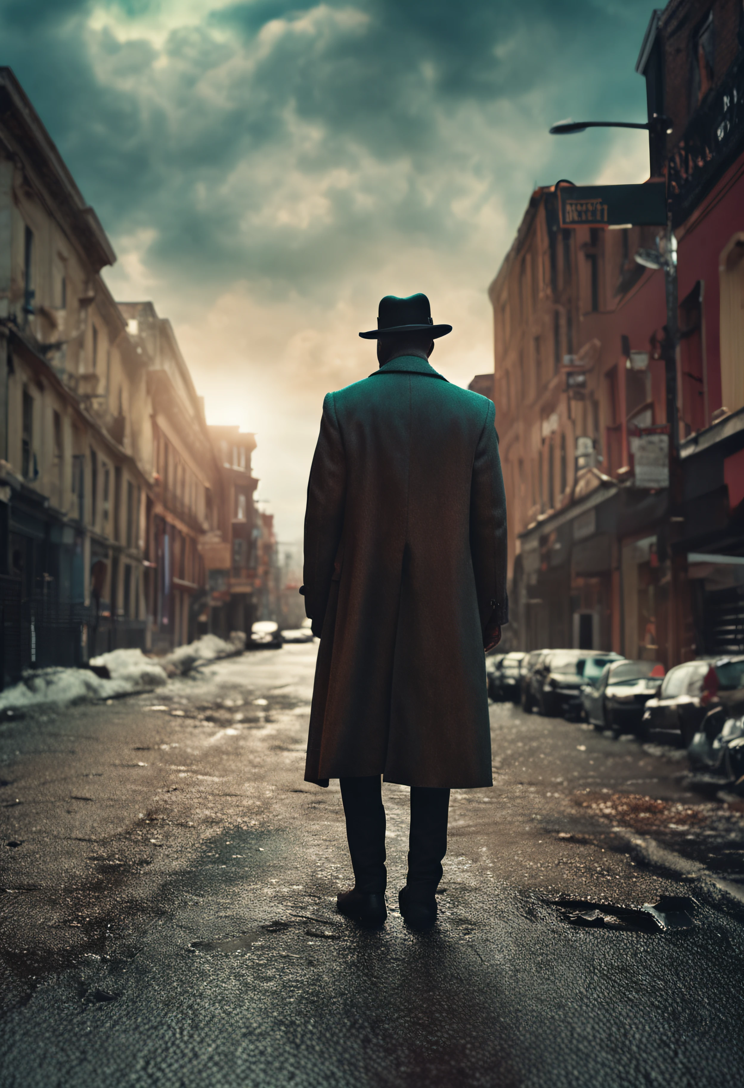 Close-up of the mysterious man's face in an overcoat and hat. He has determined eyes and a scar on his face.