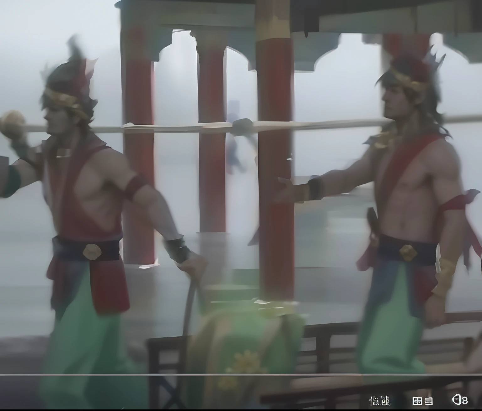 There were two men in costume standing on the boat, submerged temple dance scene, submerged temple ritual scene, live-action archival footage, fantasy movie still, action scene from the film, [ Cinematic, leaked footage, screenshots from movies, movie screen shot, 1 9 8 6 movie screenshot, live-action movie scenes