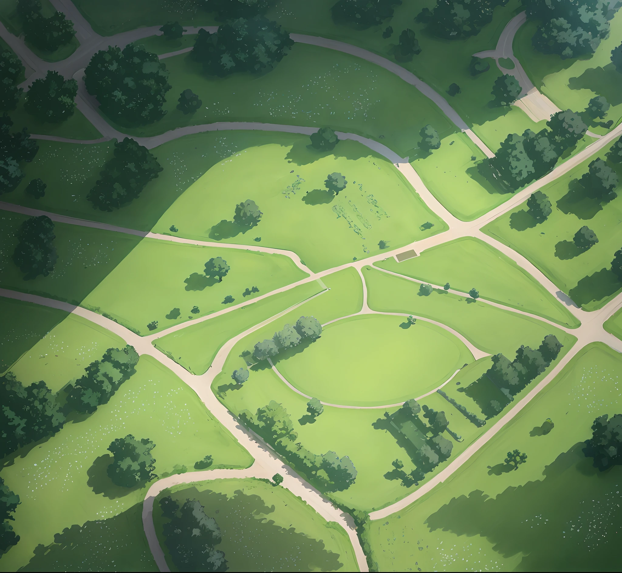 Aerial view of the park with circular lawn and park, Park background, sunny park background, volumetric lighting from above, aerial illustration, Volumetric light from above, arte de fundo, aerial view of an ancient land, From above, mid air, Realistic afternoon lighting, beautiful landscape rendering, park landscape, game map matte painting, Anime landscape concept art