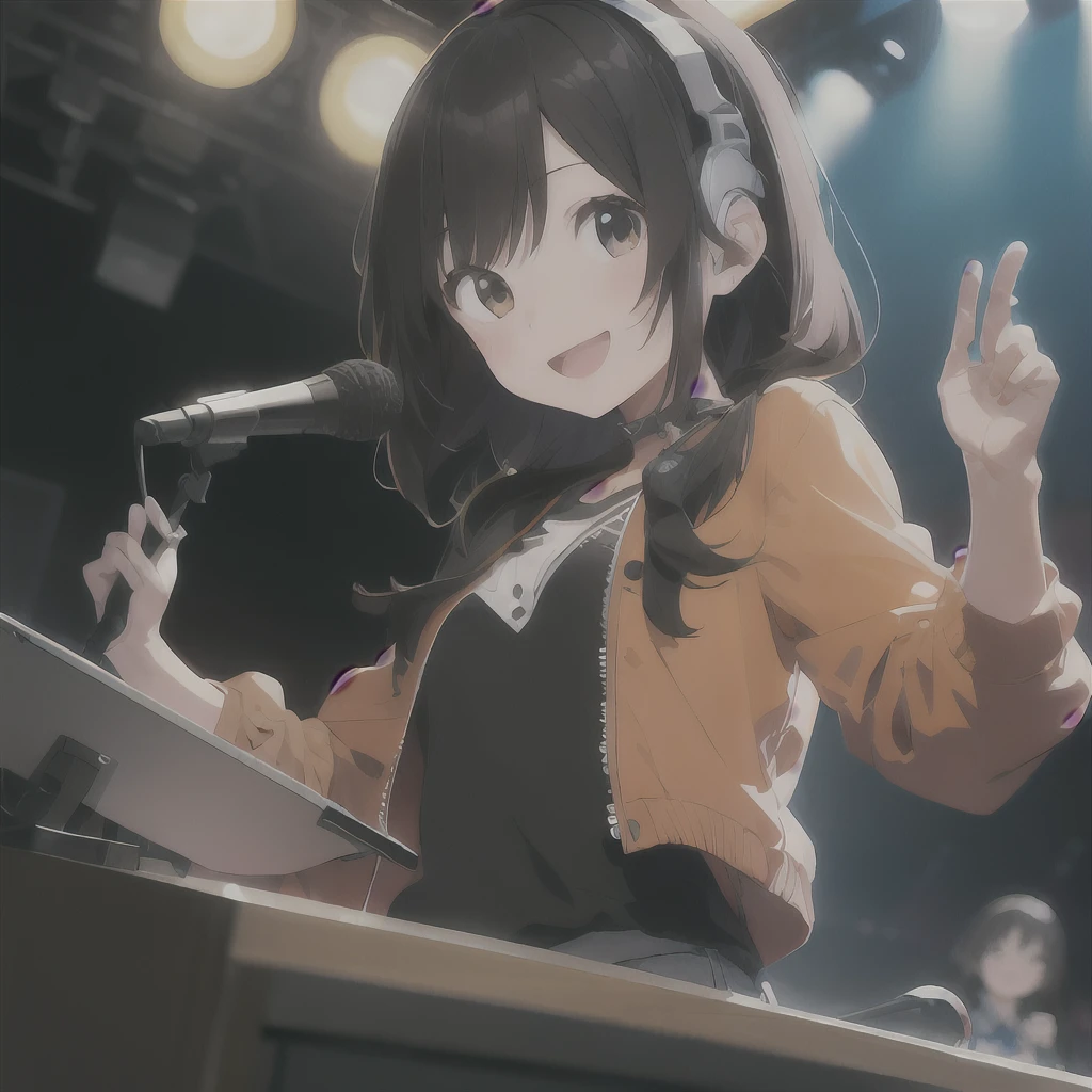 (1 girl、A dark-haired、straight haired、hair adornments、ssmile、A smile、small tits、cute  face)、Orange jacket、Black pants、full body Esbian、camera view、Turntables on both sides of the mixer console、​masterpiece、top-quality、nffsw、Portrait with headphones around the neck(((Vocals holding a microphone)))、The audience gets excited、stage