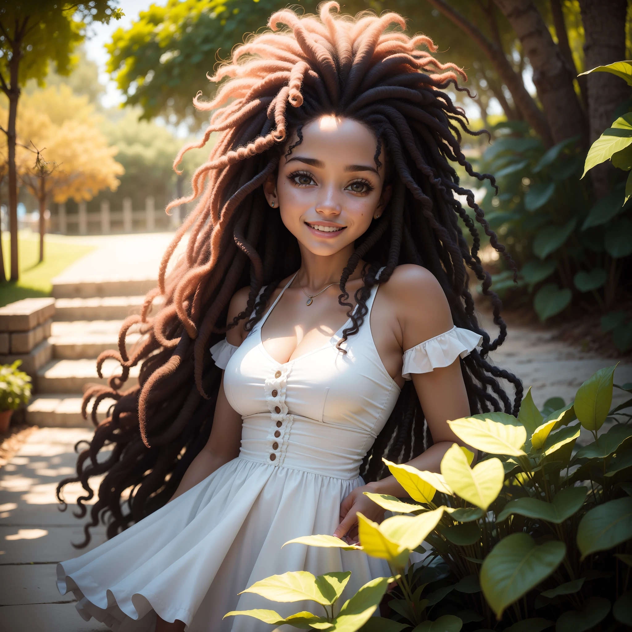 1Girl Octane Redenrization, foto limpa:4,3((solo))), (25 years old long curly hair messy, sorrindo feliz, afro-americana, olhos meigos;1.15), rococo dress, corpo escultural de modelo, sharp photo, tarde de
outono, jardim florido, luminosidade quente e suave, flohas sendo
levadas pelo vento, motion blur lens