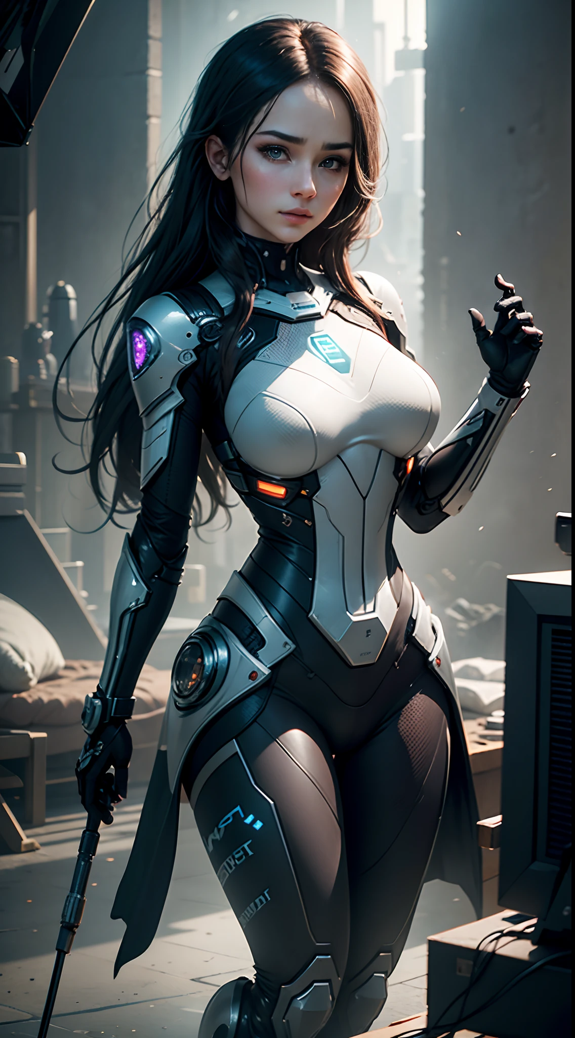 ((Best Quality)), ((Masterpiece)), (Very detailed: 1.3), 3D, Beautiful (Cyberpunk: 1.3) Female hacker, thick hair, half rotten body, half rotten face, big breasts, thin waist, plump buttocks, wearing a red special combat suit, showing one thigh and one arm, showing shoulders, operating computer terminals, head-mounted displays, computer servers, LCD screens, fiber optic cables, company logo, HDR (High Dynamic Range), ray tracing, NVIDIA RTX , Super Resolution, Unreal 5, Subsurface Scattering, PBR Textures, Post-processing, Anisotropic Filtering, Depth of Field, Maximum Clarity and Acutance, Multi-Layer Textures, Albedo and Highlight Mapping, Surface Shading, Accurate Simulation of Light-Material Interactions, Perfect Proportions, Octane Rendering, Two-tone Lighting, Low ISO, White Balance, Rule of Thirds, Wide Aperture, 8K RAW, High Efficiency Subpixels, Subpixel Convolution, Glowing Particles,