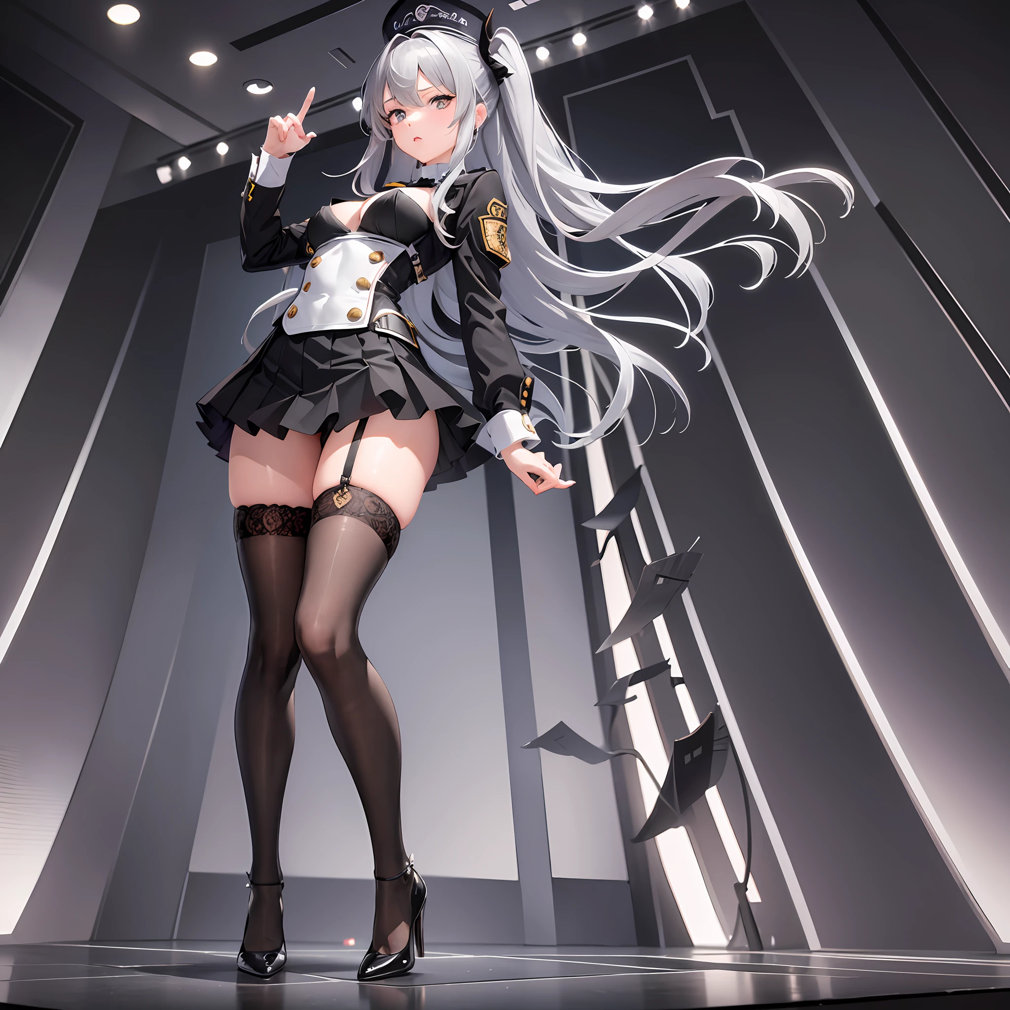 1 girl, solo, full picture, grey hair, long hair, ruffled hair, medium breasts, black uniform, mini skirt, ultra detailed black thigh_highs, snickers, idol pose