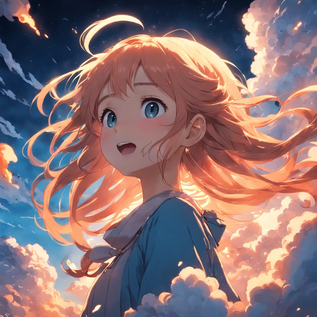 masterpiece, best quality, movie still, 1girl, cloud girl, floating in the sky, close-up, bright, happy, warm soft lighting, sunset, (sparks:0.7)