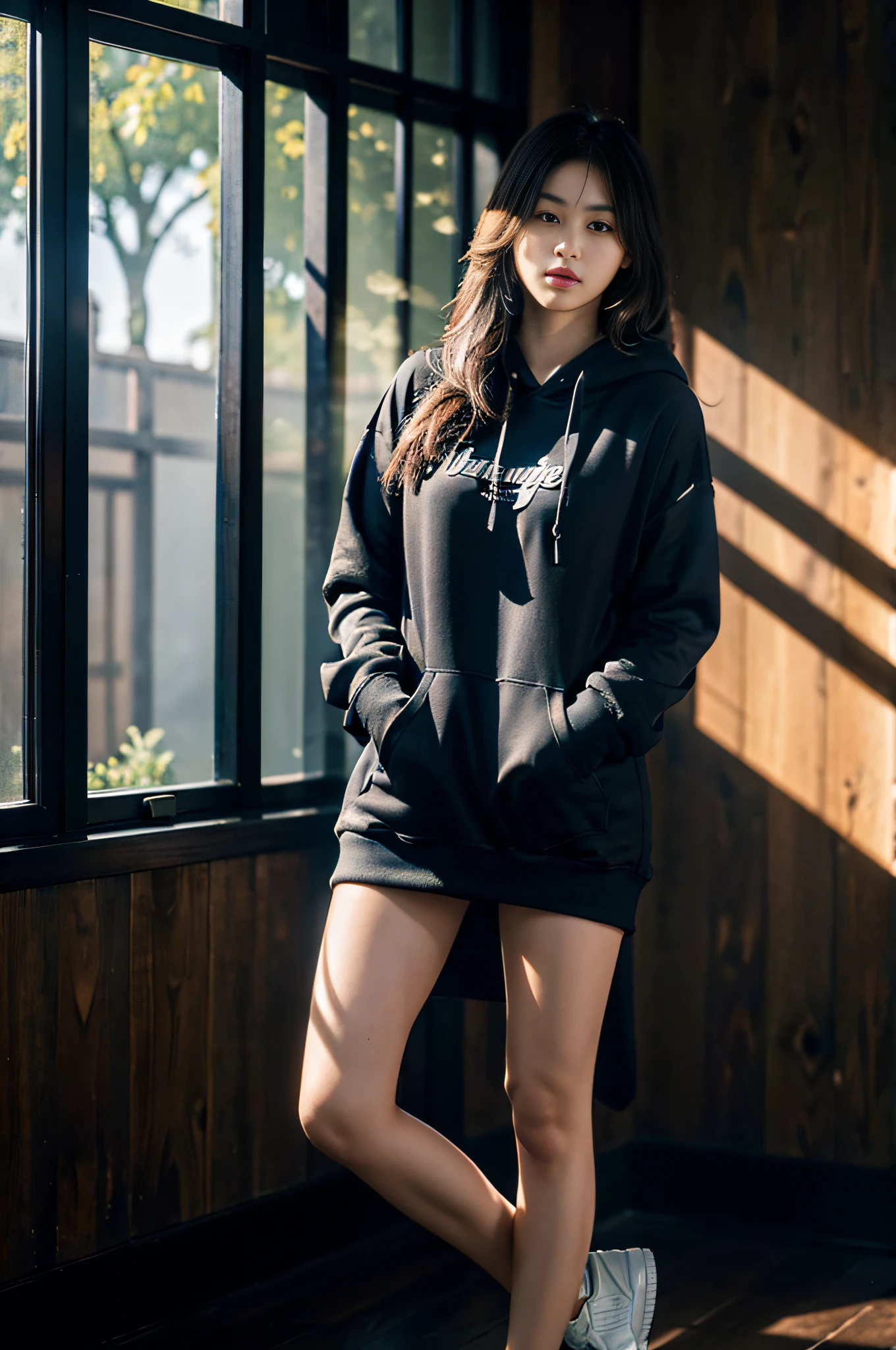 (8k, RAW photo, best quality, masterpiece:1.2), (realistic, photo-realistic:1.4), \(ulzzang-6500-v1.1\), \(detailed eyes\), \(detailed facial features\), \(\(detailed clothes features\)\), (full body:1.2), (body focus), extremely detailed CG unity 8k wallpaper, huge filesize, ultra-detailed, highres, absurdres, beautiful eyes, ray tracing, dramatic shadows, fine detail, high saturation, lens flare, dramatic, god rays, silk, hyperrealistic,(photo background:1.2), sharp focus, volumetric fog, 8k UHD, DSLR, high quality, (film grain:1.4), Fujifilm XT3, 1girl,8K, best quality, long hair, realistic, lips, wide hips, (Black hoodie),