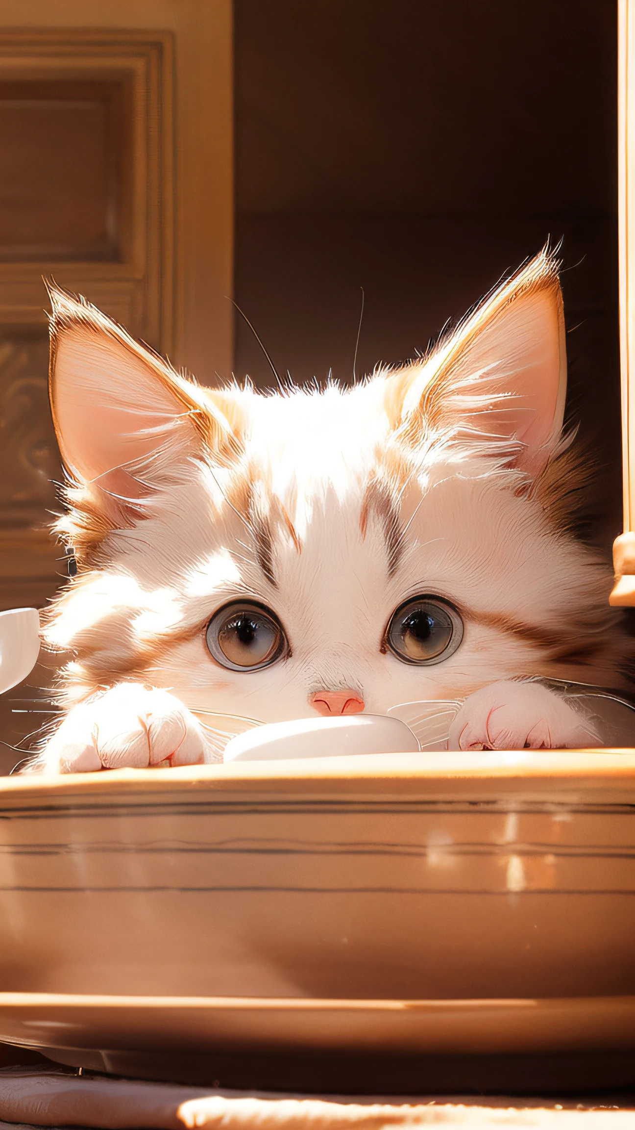 couple cat, (Himalayan), (Small)))), in a teacup, Face, Front paws out, 8K, Professional photo, Delicate, Clear, On the table, Inside the house, Sunshine, Light Leak, Masterpiece, ((Pretty))), Fashionable Teacup, (Reality), Plush Toy, Round Pupils