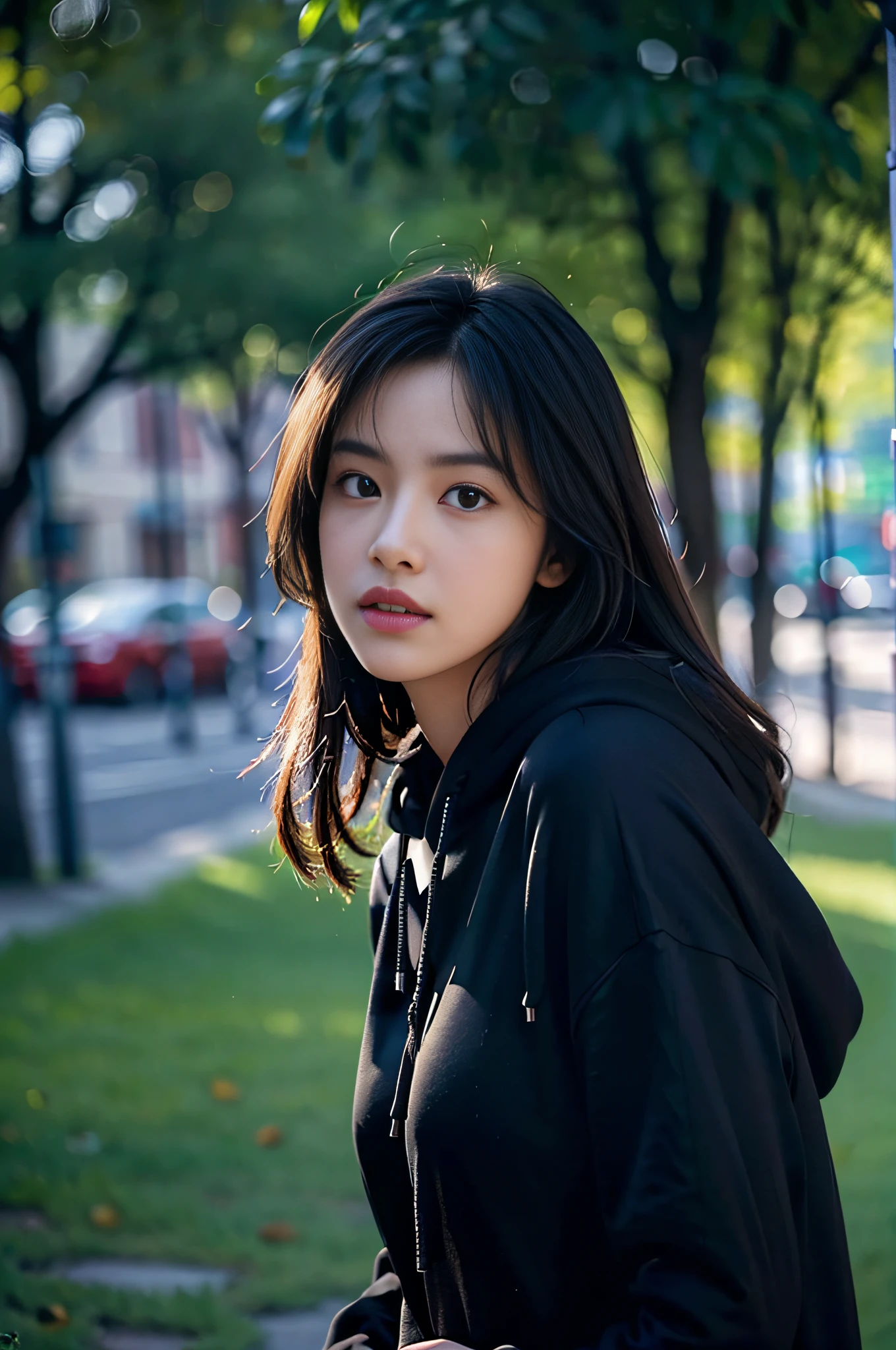 (8k, RAW photo, best quality, masterpiece:1.2), (realistic, photo-realistic:1.4), \(ulzzang-6500-v1.1\), \(detailed eyes\), \(detailed facial features\), \(\(detailed clothes features\)\), (full body:1.2), (body focus), extremely detailed CG unity 8k wallpaper, huge filesize, ultra-detailed, highres, absurdres, beautiful eyes, ray tracing, dramatic shadows, fine detail, high saturation, lens flare, dramatic, god rays, silk, hyperrealistic,(photo background:1.2), sharp focus, volumetric fog, 8k UHD, DSLR, high quality, (film grain:1.4), Fujifilm XT3, 1girl,8K, best quality, long hair, realistic, lips, wide hips, (Black hoodie),