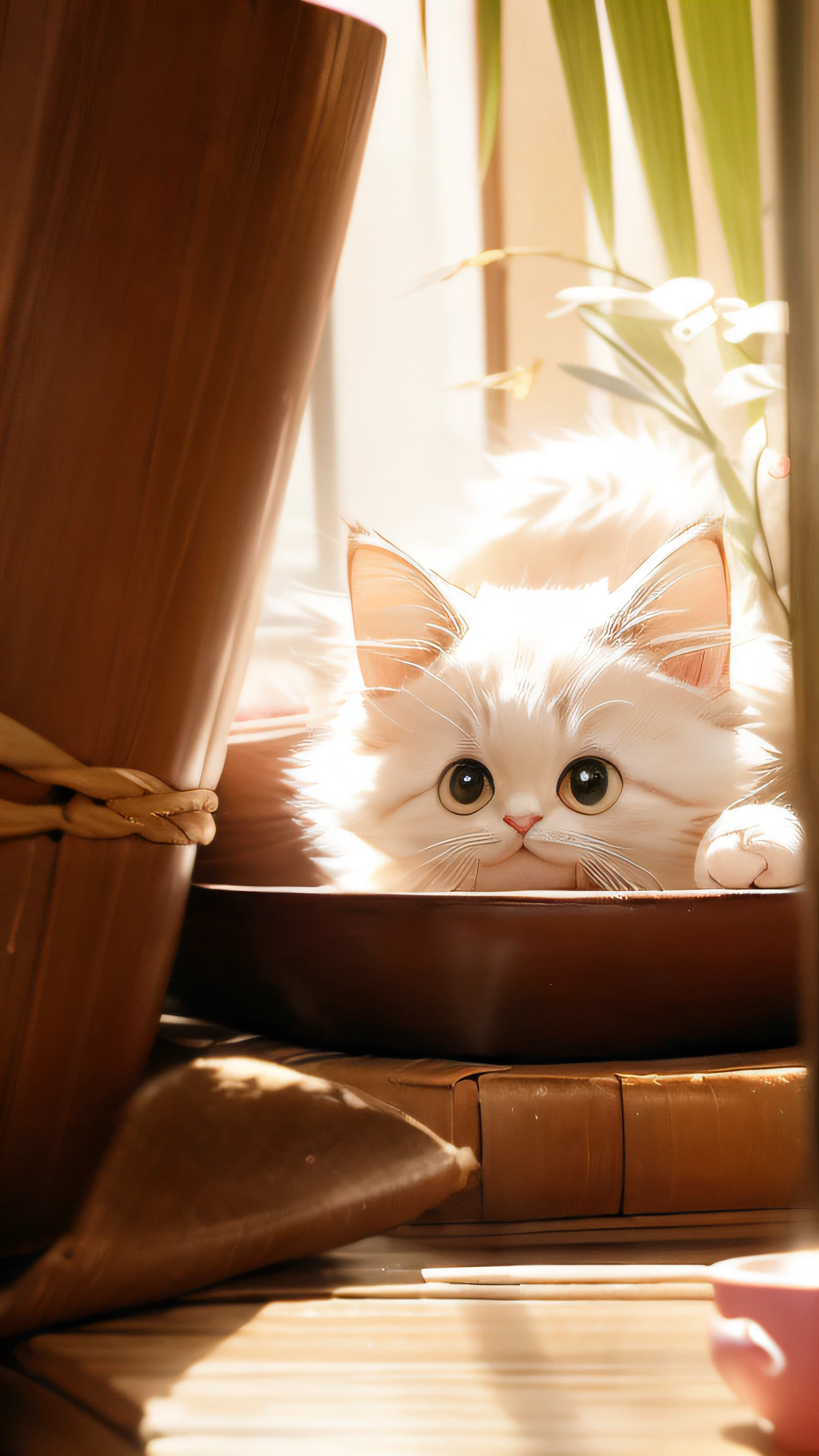pink Cat, (Himalayan), (Small)))), in a teacup, Face, Front paws out, 8K, Professional photo, Delicate, Clear, On the table, Inside the house, Sunshine, Light Leak, Masterpiece, ((Pretty))), Fashionable Teacup, (Reality), Plush Toy, Round Pupils