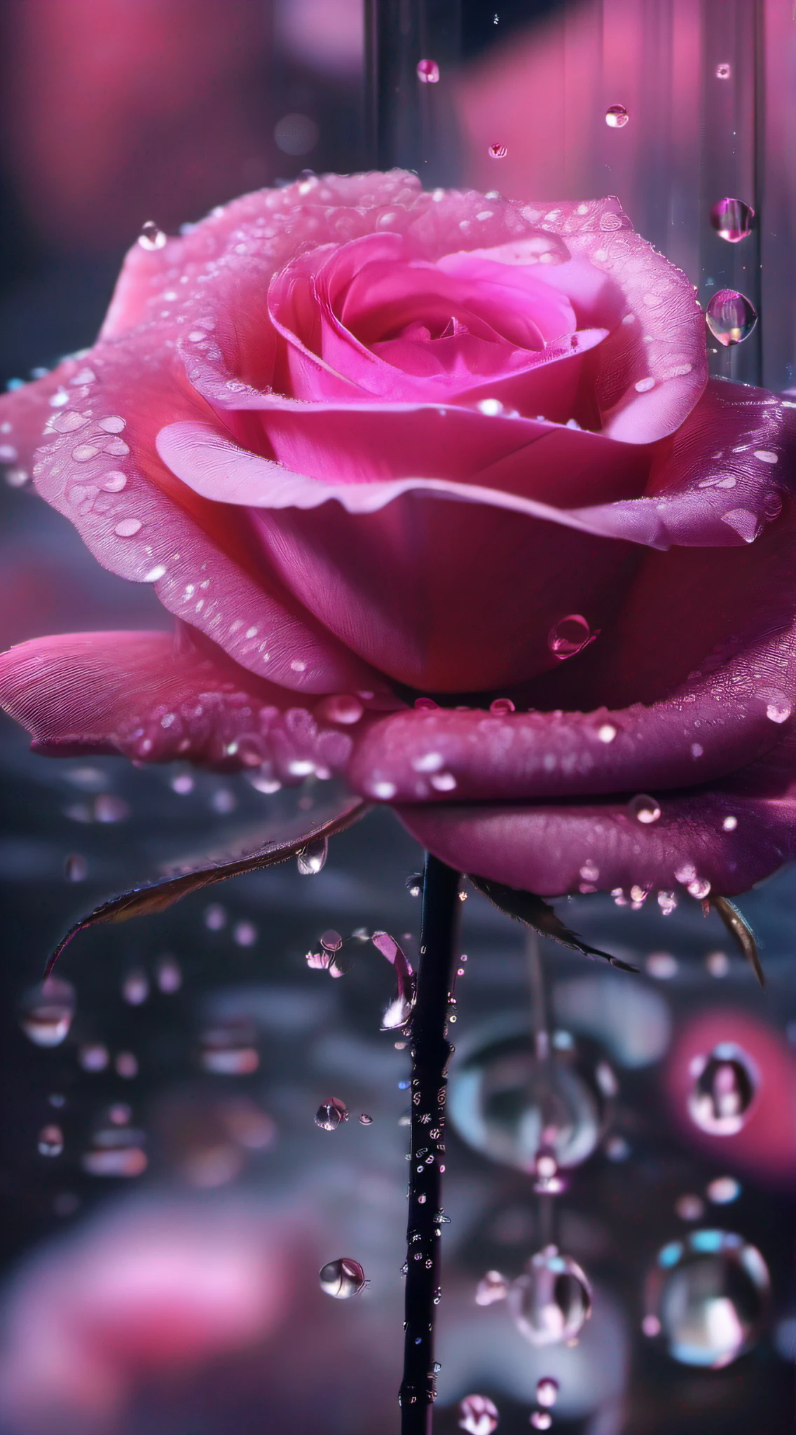 best qualtiy,Texture,Delicate and delicate,8K,Focus:macro,The light source:Top left,An iridescent rose,The petals are dotted with transparent water droplets,Background Black