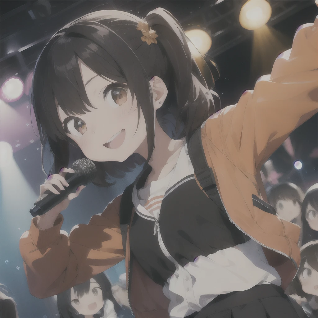 (1 girl、A dark-haired、straight haired、hair adornments、ssmile、A smile、small tits、cute face)、Orange jacket、Black pants、full body Esbian、camera view、Turntables on both sides of the mixer console、masterpiece、top-quality、nffsw、portlate(((Vocals with microphone)))、The audience gets excited、stage
