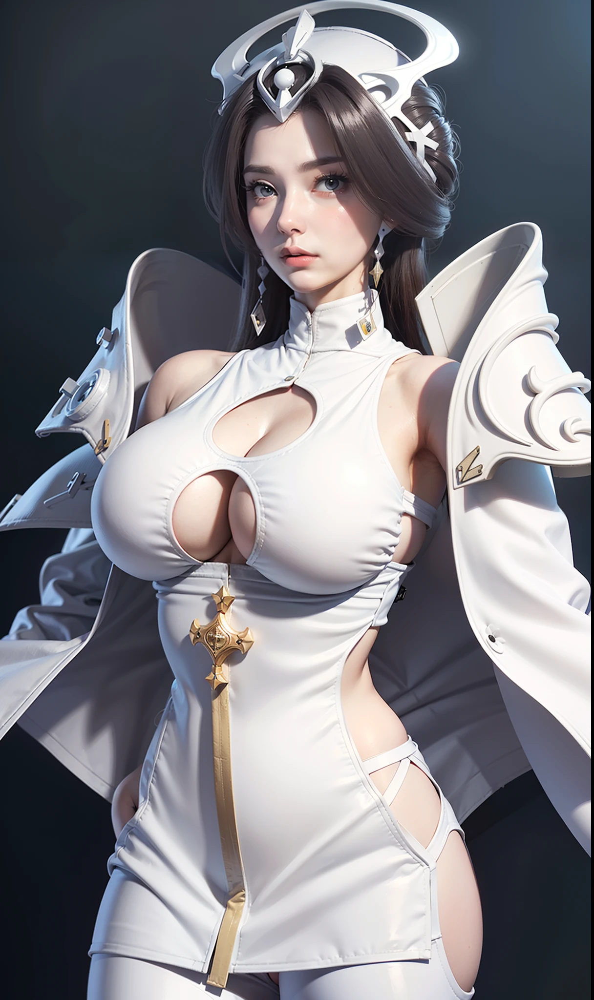 woman in white nurse leather jacket, (huge round boobs:1.3), white pants, apron, gloves, tight bun, medic cap, mask, boots. Static, enface, solid background, full.