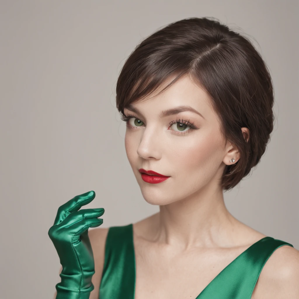 Green satin gloves, Green dress, Green shorthair, lipsticks, the kiss