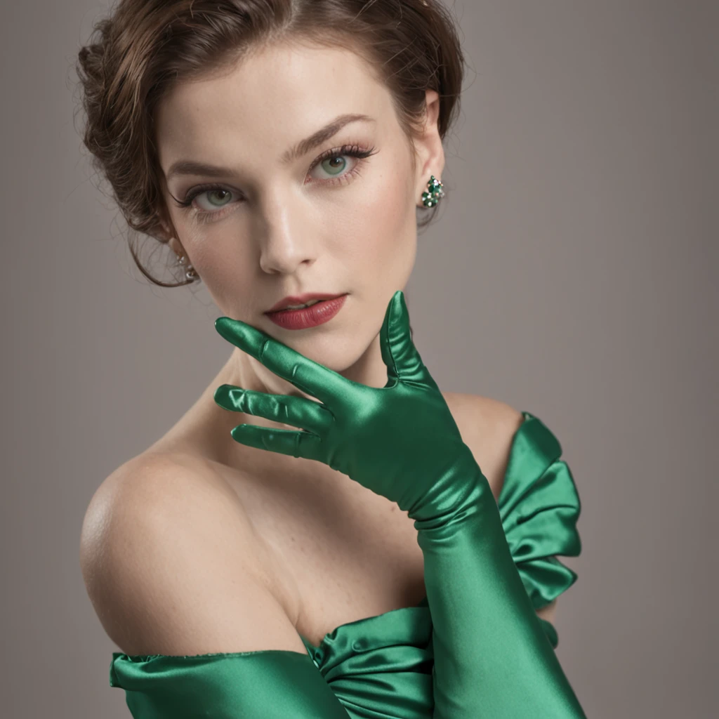 Green satin gloves, Green dress, Green shorthair, lipsticks, the kiss