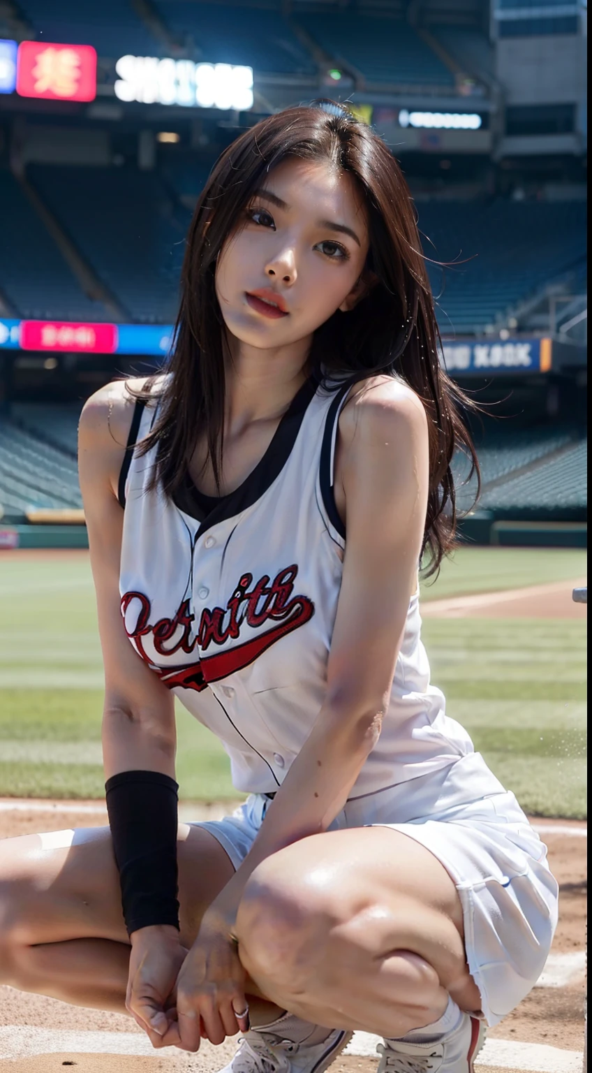 (Best Quality, 8K, 32K, masutepiece, nffsw:1.2), (1 slender woman of Japan, 28 years old, Tall gravure model), dark brown hair, Bright foreground, Professional Lighting, Photon mapping, Radio City, shading:1.3, (high-detail skin:1.2), (Shorts, exposed shoulder:1.1), squatting with legs open, ((Provocative Dynamic Poses)), (she is soaking wet), top-down view:1.5, (baseball uniform:1.1, ), hyperdetailed face, Detailed lips, Detailed eyes, Double eyelids, Inside the stadium, (Sensual gaze on the photographer, lips slightly open) crystal clear skies, Baseball Stadium, The audience gets excited,
