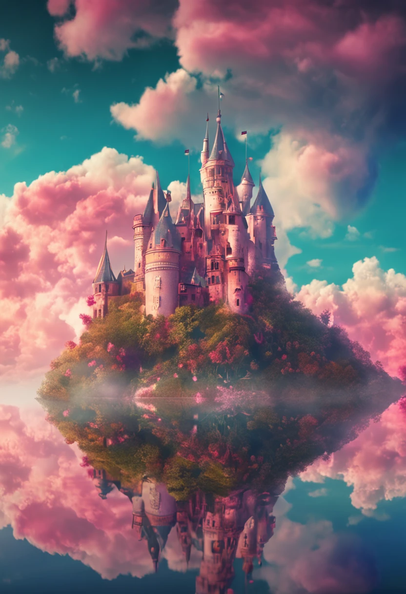 castle floating high on the cloud in the sky, multicolors cloud, in fairyland, dreamy and romantic, dreamy atmosphere and drama, very magical and dreamy, dreamy scenes, on cloud, Heaven, in the clouds fairyland, magical dream-like atmosphere, Dreamy and ethereal, still from a music video