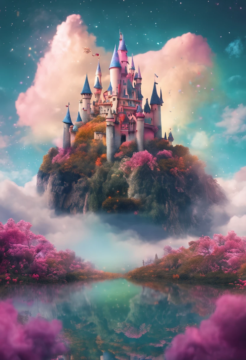 castle floating high on the cloud in the sky, multicolors cloud, in fairyland, dreamy and romantic, dreamy atmosphere and drama, very magical and dreamy, dreamy scenes, on cloud, Heaven, in the clouds fairyland, magical dream-like atmosphere, Dreamy and ethereal, still from a music video