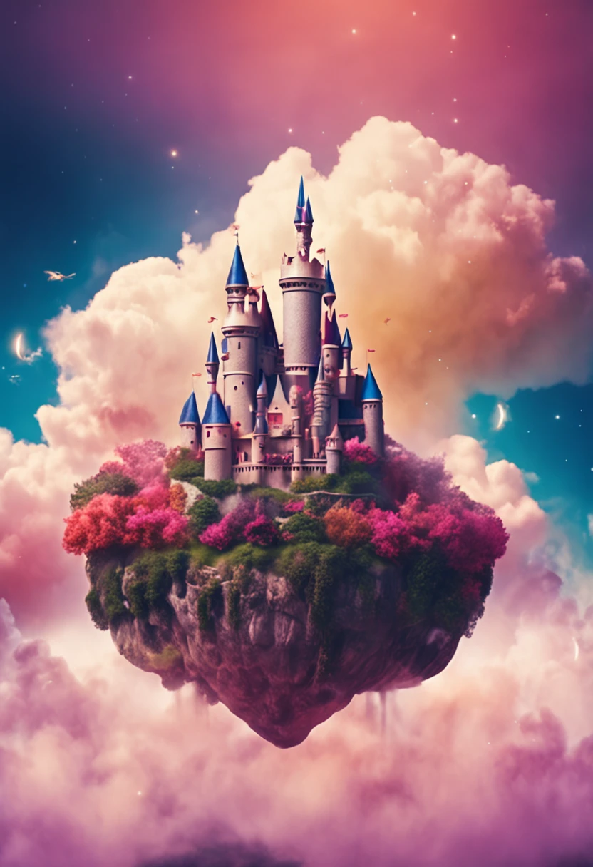 castle floating high on the cloud in the sky, multicolors cloud, in fairyland, dreamy and romantic, dreamy atmosphere and drama, very magical and dreamy, dreamy scenes, on cloud, Heaven, in the clouds fairyland, magical dream-like atmosphere, Dreamy and ethereal, still from a music video