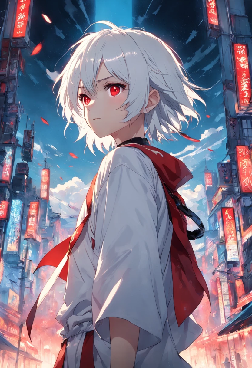 White-haired boy，Red Eyeshadow，Red earrings