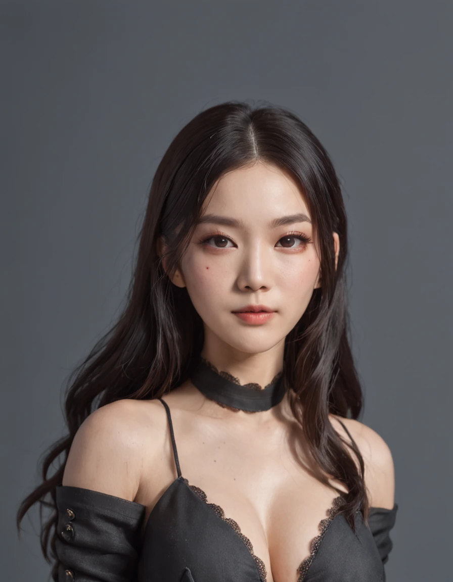 Attractive cleavage，Black color hair，a beauty girl，Asian people，of a real，Photoreal，（(Security suits)）,full bodyesbian, semi-open strawberry lips, dimple, wistful look, Black eyes (Very long wavy gray hair), ((Detailed face)), ((Detailed facial features)), (Fine fine skin), Fair skin and redness, （(Deep neckline detailing high-tech cyberpunk dress)）, cyberpunk mega city environment, (Cool colors), Pondering, (Masterpiece) (perfect aspect ratio)(Realistic photo)(Best quality) (Detailed) Shot on a Canon EOS R5, 50mm lens, f/2.8, hdr, (8K) (the wallpaper) (Cinematic lighting) (Dramatic lighting) (Sharp focus) (Intricate), Original photo, posing for camera, Black jeans, back arms, 8K, Ultra HD, Digital SLR, High quality, filmgrain, Fujifilm XT3