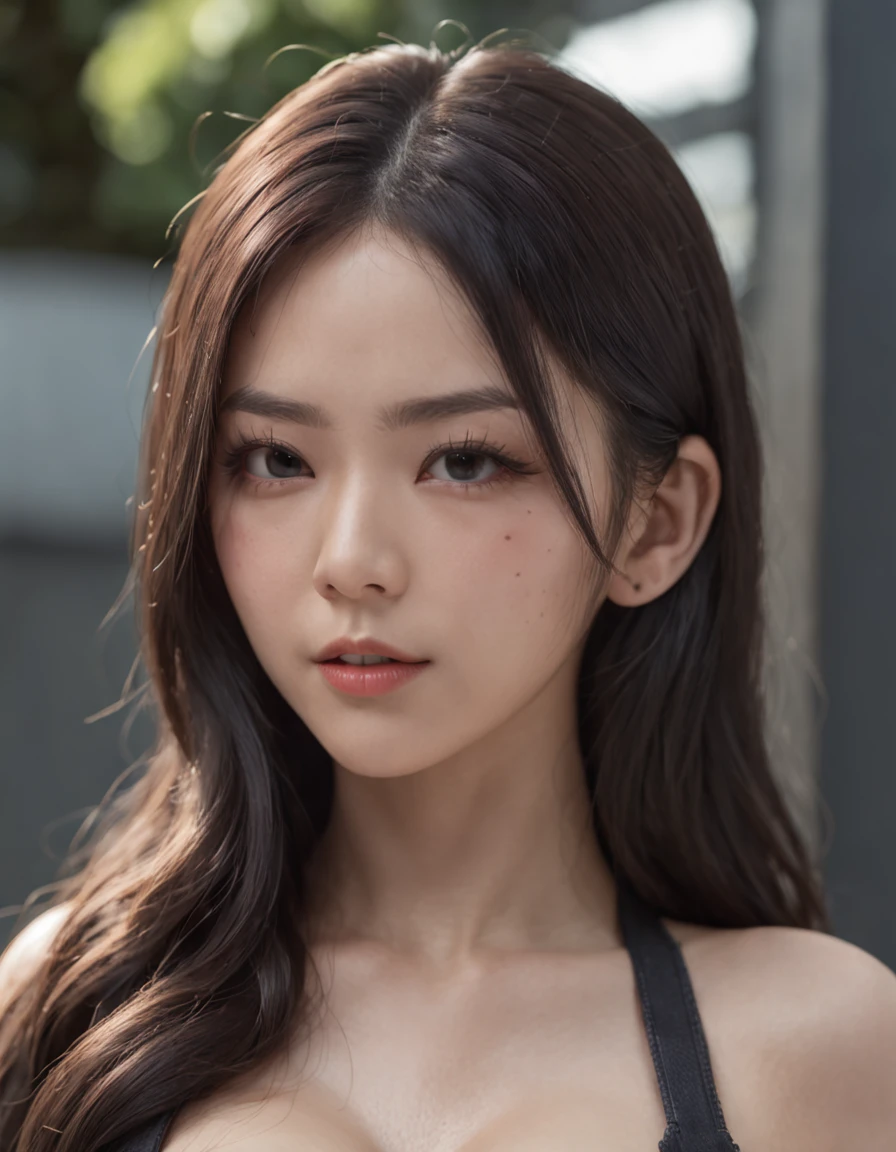 Attractive cleavage,Black color hair,a beauty girl,Asian people,of a real,Photoreal,((Security suits)),full bodyesbian, semi-open strawberry lips, dimple, wistful look, Black eyes (Very long wavy gray hair), ((Detailed face)), ((Detailed facial features)), (Fine fine skin), Fair skin and redness, ((Deep neckline detailing high-tech cyberpunk dress)), cyberpunk mega city environment, (Cool colors), Pondering, (Masterpiece) (perfect aspect ratio)(Realistic photo)(Best quality) (Detailed) Shot on a Canon EOS R5, 50mm lens, f/2.8, hdr, (8K) (the wallpaper) (Cinematic lighting) (Dramatic lighting) (Sharp focus) (Intricate), Original photo, posing for camera, Black jeans, back arms, 8K, Ultra HD, Digital SLR, High quality, filmgrain, Fujifilm XT3