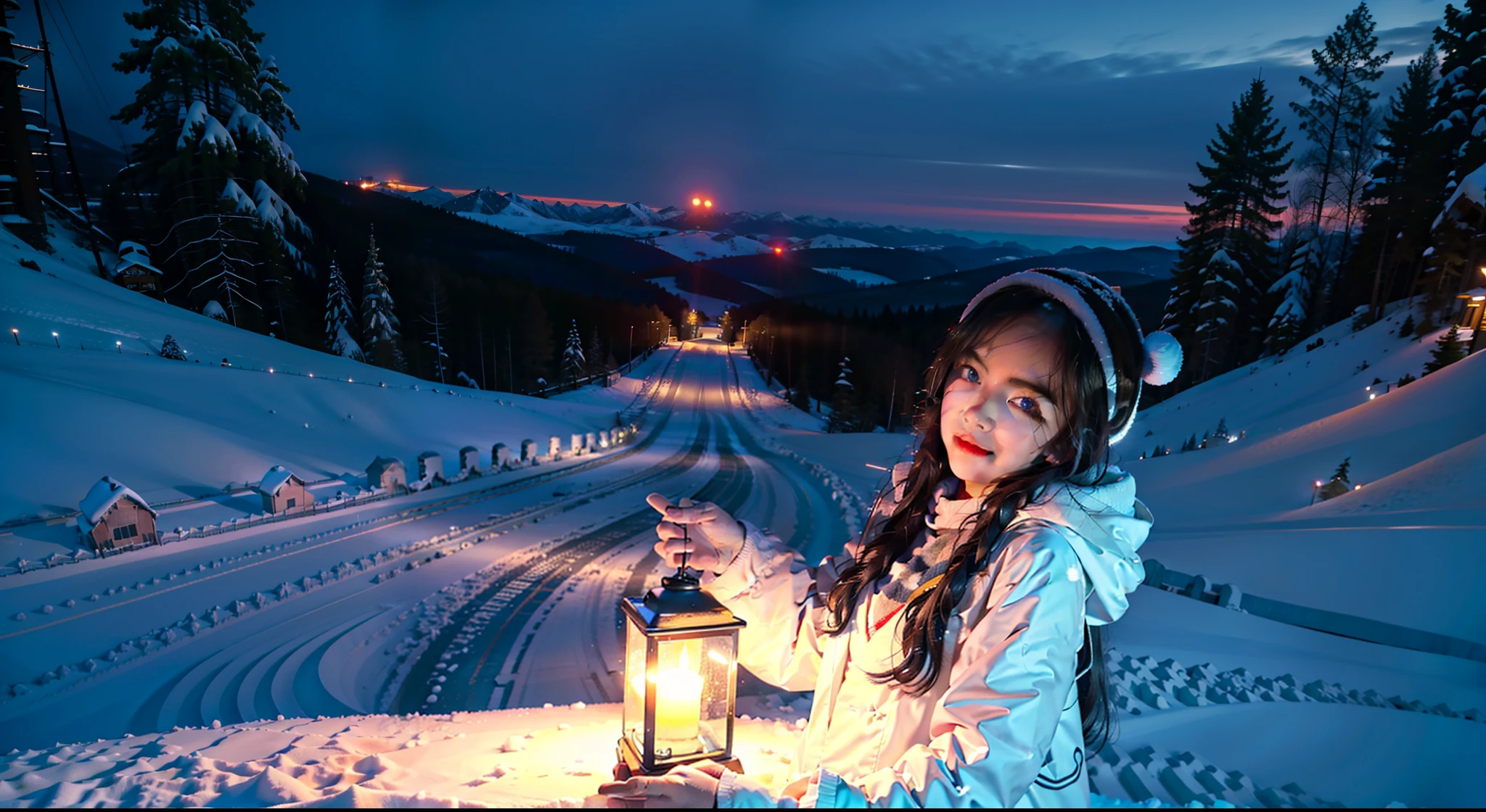 Faraway view,1 girl,ta costume, (Snow, Snow,Outdoor activities in winter:1.2),Winter night view,In the snowy mountain forest,