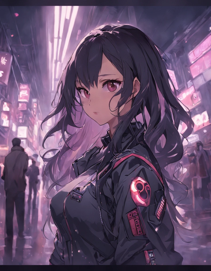 Attractive cleavage,Black color hair,a beauty girl,Asian people,of a real,Photoreal,((Security suits)),full bodyesbian, semi-open strawberry lips, dimple, wistful look, Black eyes (Very long wavy gray hair), ((Detailed face)), ((Detailed facial features)), (Fine fine skin), Fair skin and redness, ((Deep neckline detailing high-tech cyberpunk dress)), cyberpunk mega city environment, (Cool colors), Pondering, (Masterpiece) (perfect aspect ratio)(Realistic photo)(Best quality) (Detailed) Shot on a Canon EOS R5, 50mm lens, f/2.8, hdr, (8K) (the wallpaper) (Cinematic lighting) (Dramatic lighting) (Sharp focus) (Intricate), Original photo, posing for camera, Black jeans, back arms, 8K, Ultra HD, Digital SLR, High quality, filmgrain, Fujifilm XT3