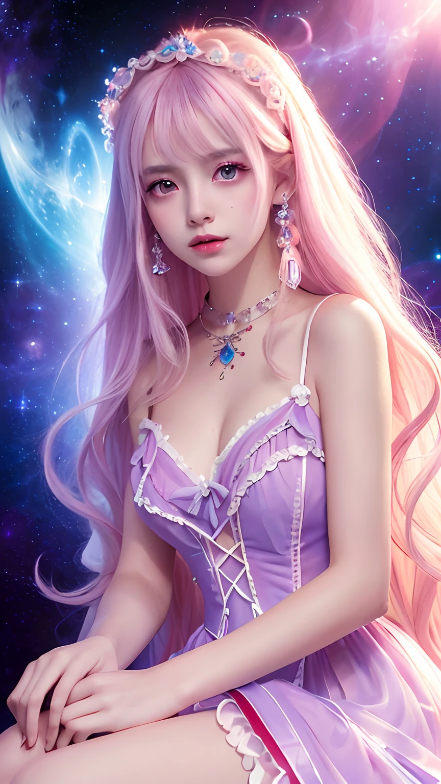 4K Ultra HD, Masterpiece, A girl with a magical aura, Good face, Long hair, shinny hair, Detailed eyes, Glossy lips, Wearing a red Lolita costume, The aura around the body, Magical effect, Spread white light, Cosmic elements and ethereal atmosphere, A mix of bright lights and colorful nebulae, universe background, Sitting, Full body capture.