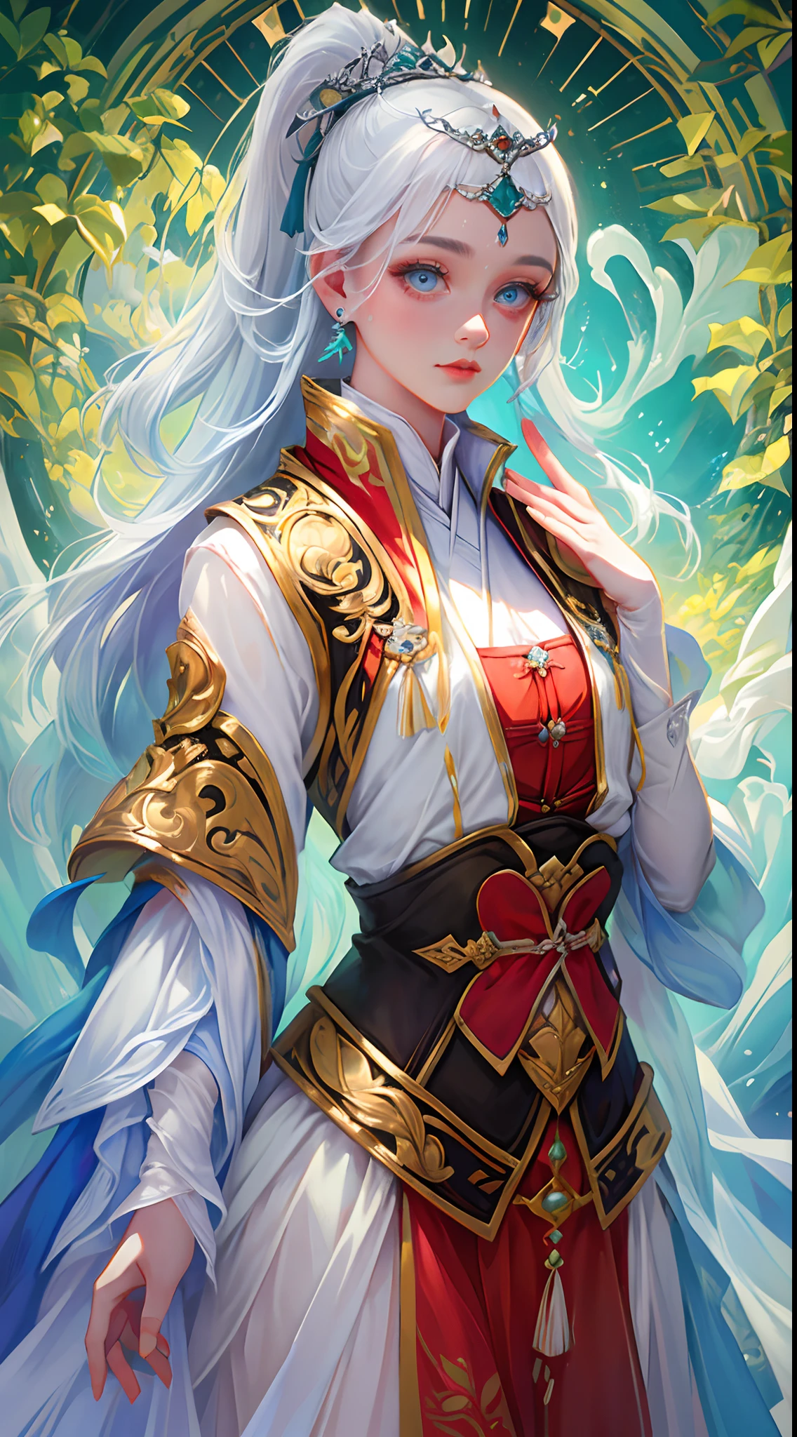 8K Ultra HD, Masterpiece, Best quality, A beautiful girl, Long hair, Impressive hairstyle, Royal hair accessories, Nice and cute face, Flawless face, Jewelry earrings, Antique jewelry, details eyes, Beautiful eyes, meticulous makeup, Thin eyebrows, Beautiful red lips, Medium breasts, Red mesh socks, Thin red silk shirt,There are many white patterns, White lace shirt, Long bangs and long platinum-red ponytail, Realistic colors, Magic effects, ancient hanfu background, head straight-looking at viewer, standing, Full body capture,