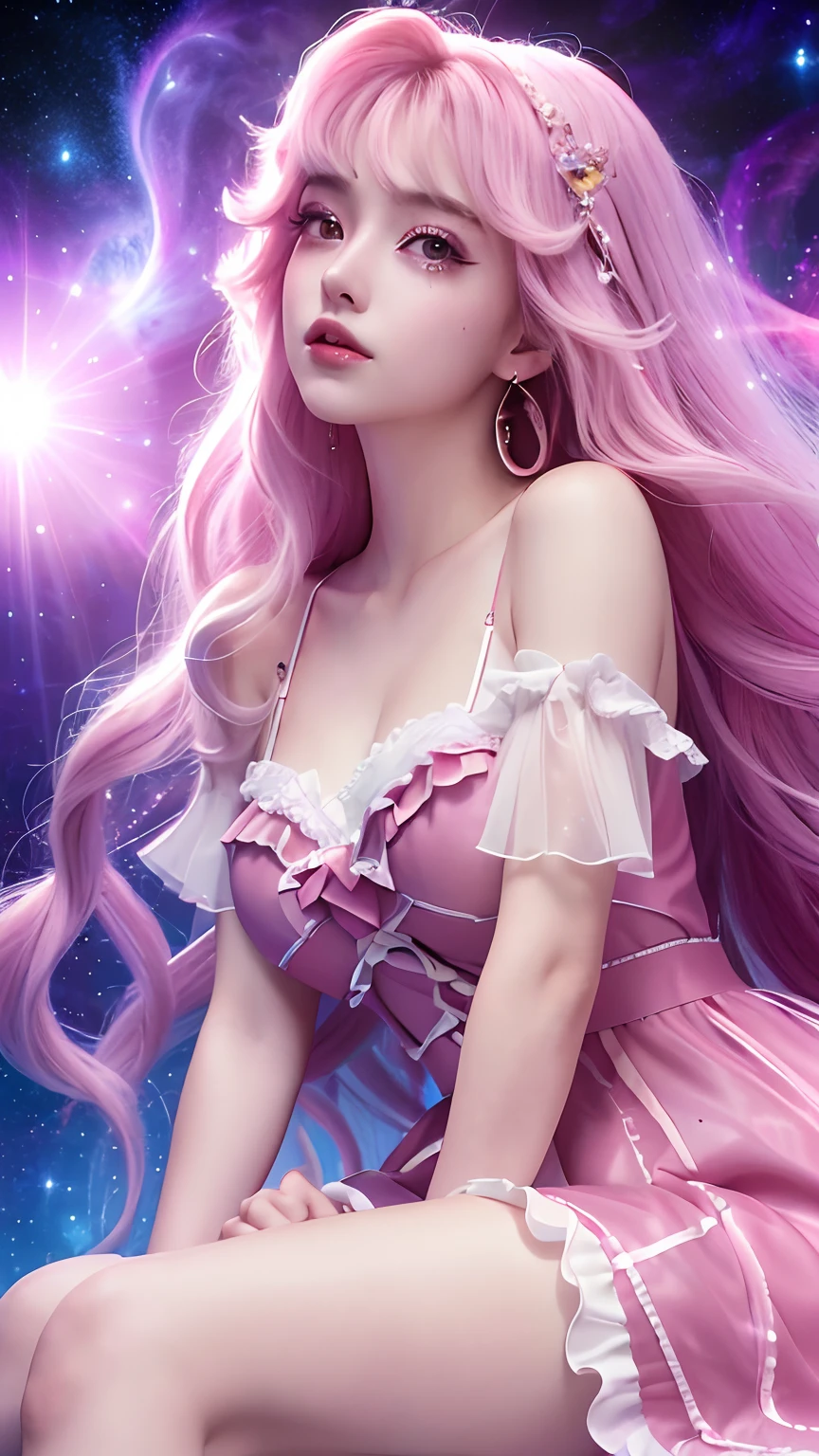 4K Ultra HD, Masterpiece, A girl with a magical aura, Good face, Long hair, shinny hair, Detailed eyes, Glossy lips, Wearing a red Lolita costume, The aura around the body, Magical effect, Spread white light, Cosmic elements and ethereal atmosphere, A mix of bright lights and colorful nebulae, universe background, Sitting, Full body capture.