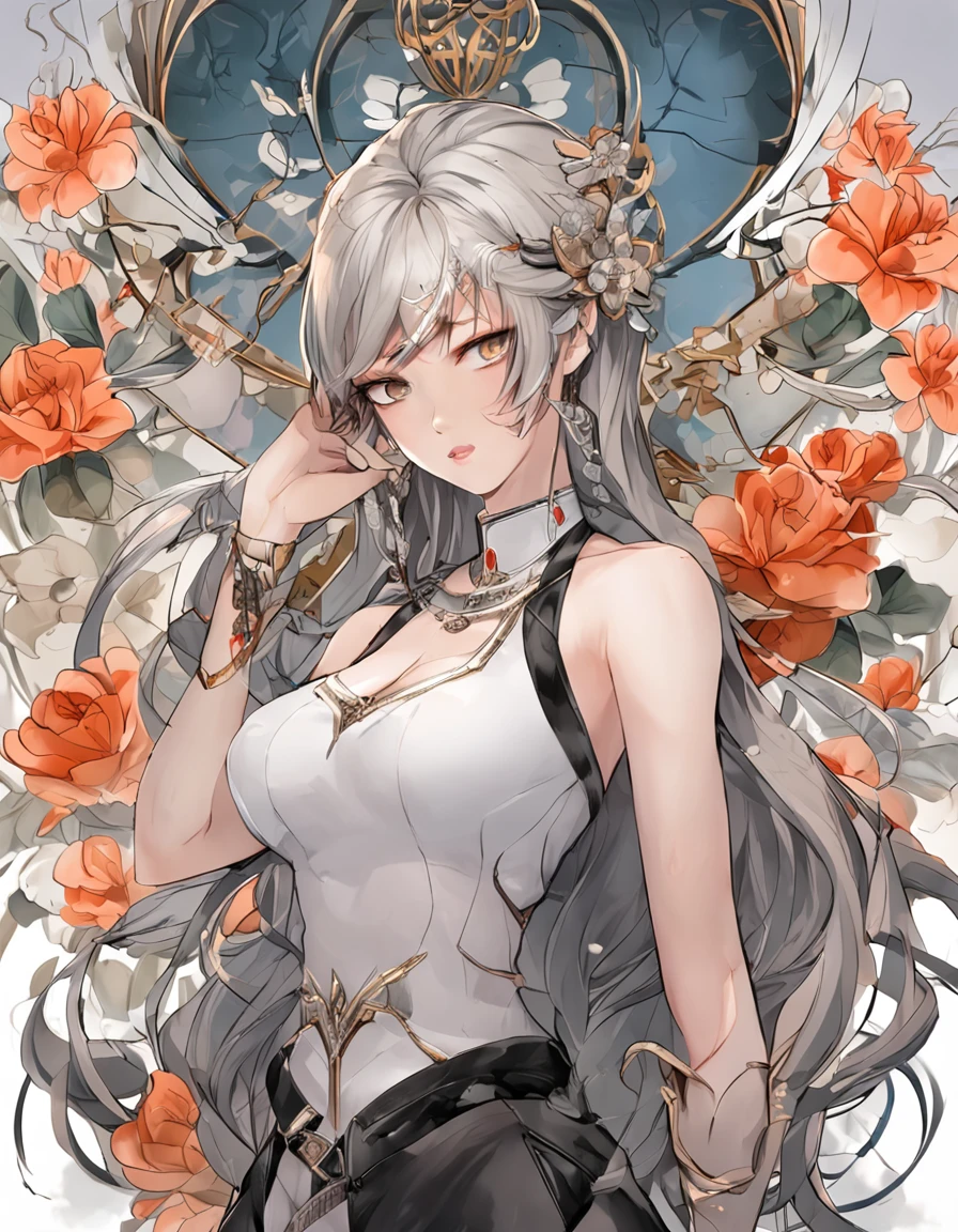 Attractive cleavage,Black color hair,a beauty girl,Asian people,of a real,Photoreal,((Security suits)),full bodyesbian, semi-open strawberry lips, dimple, wistful look, Black eyes (Very long wavy gray hair), ((Detailed face)), ((Detailed facial features)), (Fine fine skin), Fair skin and redness, ((Deep neckline detailing high-tech cyberpunk dress)), cyberpunk mega city environment, (Cool colors), Pondering, (Masterpiece) (perfect aspect ratio)(Realistic photo)(Best quality) (Detailed) Shot on a Canon EOS R5, 50mm lens, f/2.8, hdr, (8K) (the wallpaper) (Cinematic lighting) (Dramatic lighting) (Sharp focus) (Intricate), Original photo, posing for camera, Black jeans, back arms, 8K, Ultra HD, Digital SLR, High quality, filmgrain, Fujifilm XT3