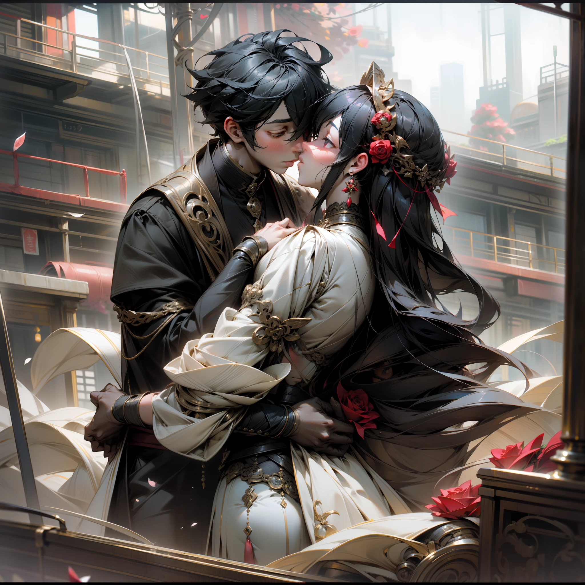 Romantic Tanabata,Bustling metropolis,Modern fashion couple kissing,Red rose,Boys and girls clasp their fingers,Natural light,plethora of colors,Rich in elements,Facial features are super detailed,Couple upper body photo,Ultra-high sharpness、k hd、8K、