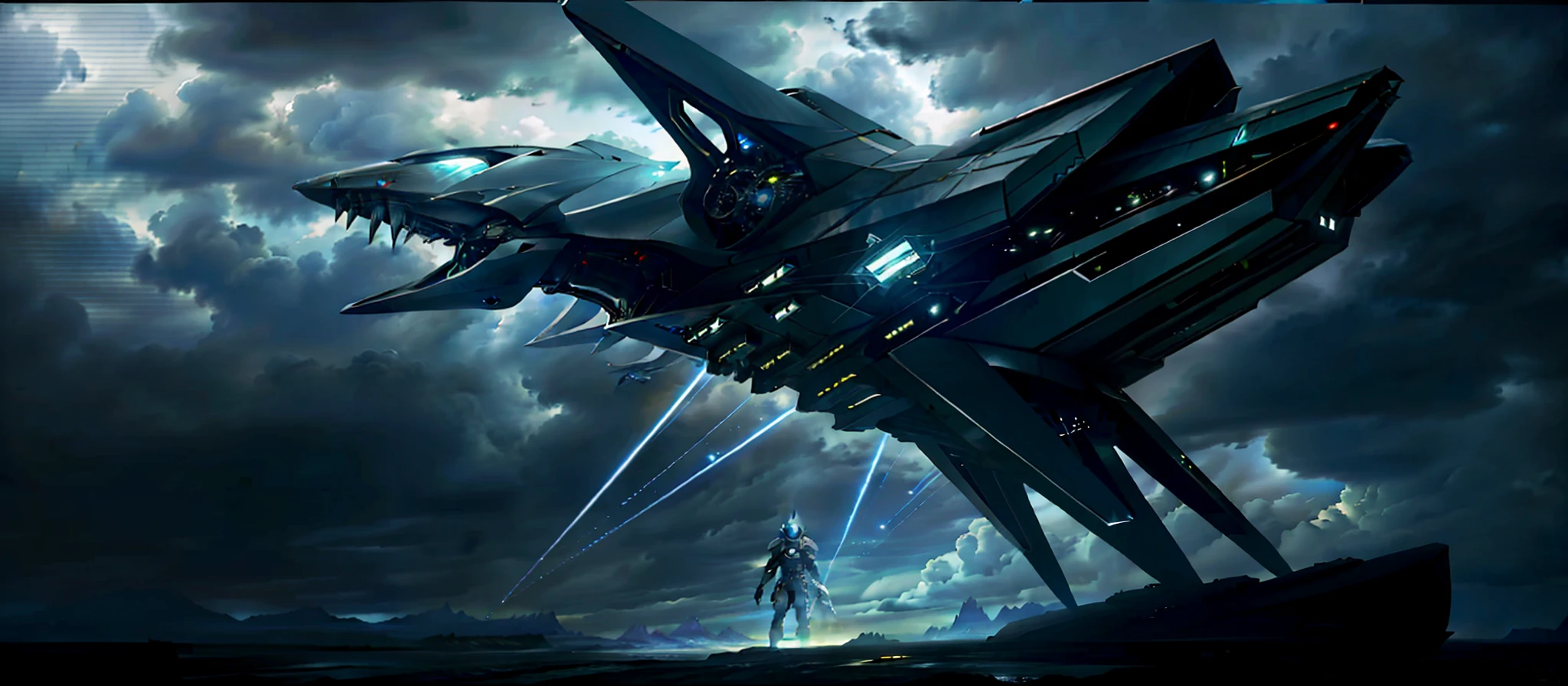 Close-up of a spaceship flying in a cloudy sky, cinematic scifi shot, an epic space ship scene, spaceship in background, Dark ( Spaceship ), in a scifi movie, spaceship flies in the distance, alien space ship flying in space, depicted as a scifi scene, scifi spaceship, sci - fi spaceship in combat, wide shot of a spaceship battle,Blue taillight