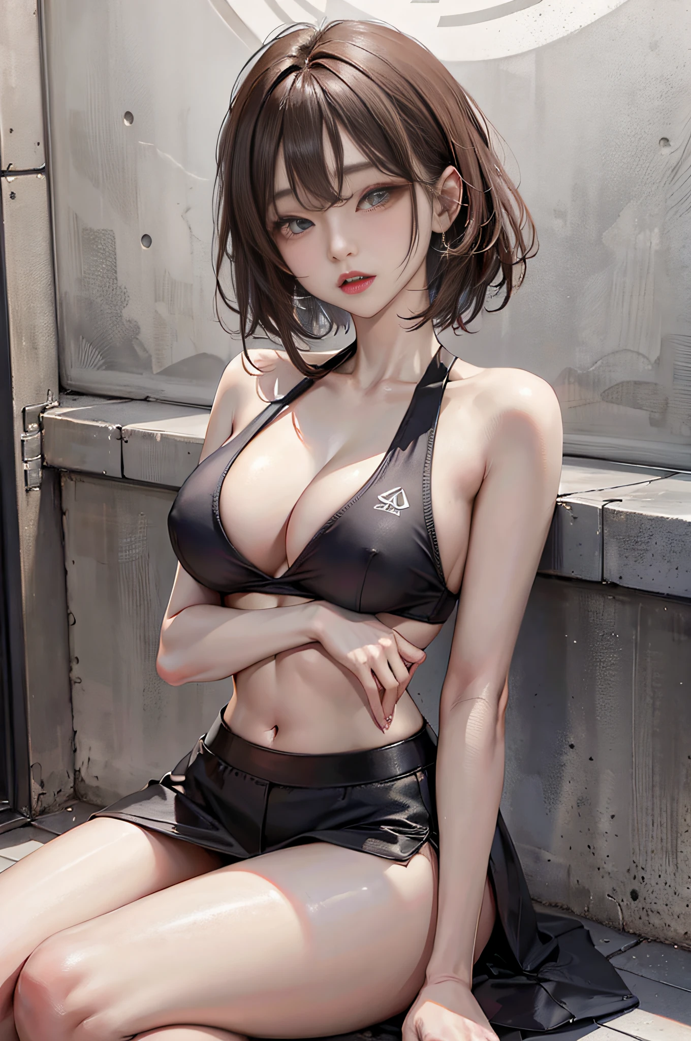 Top image quality、Raw photography、超A high resolution、An 18-year-old woman、Shooting for one person only、modelshoot、big round chest、cleavage of the breast、Wearing a tank top、Wearing a black skirt、Beautiful Eyes of Details、very elongated eyes、Beautiful eyelashes、Beautiful double eyelids、Gray walls、very slender legs、Shorthair with light brown hair、very slender physique、Very small buttocks