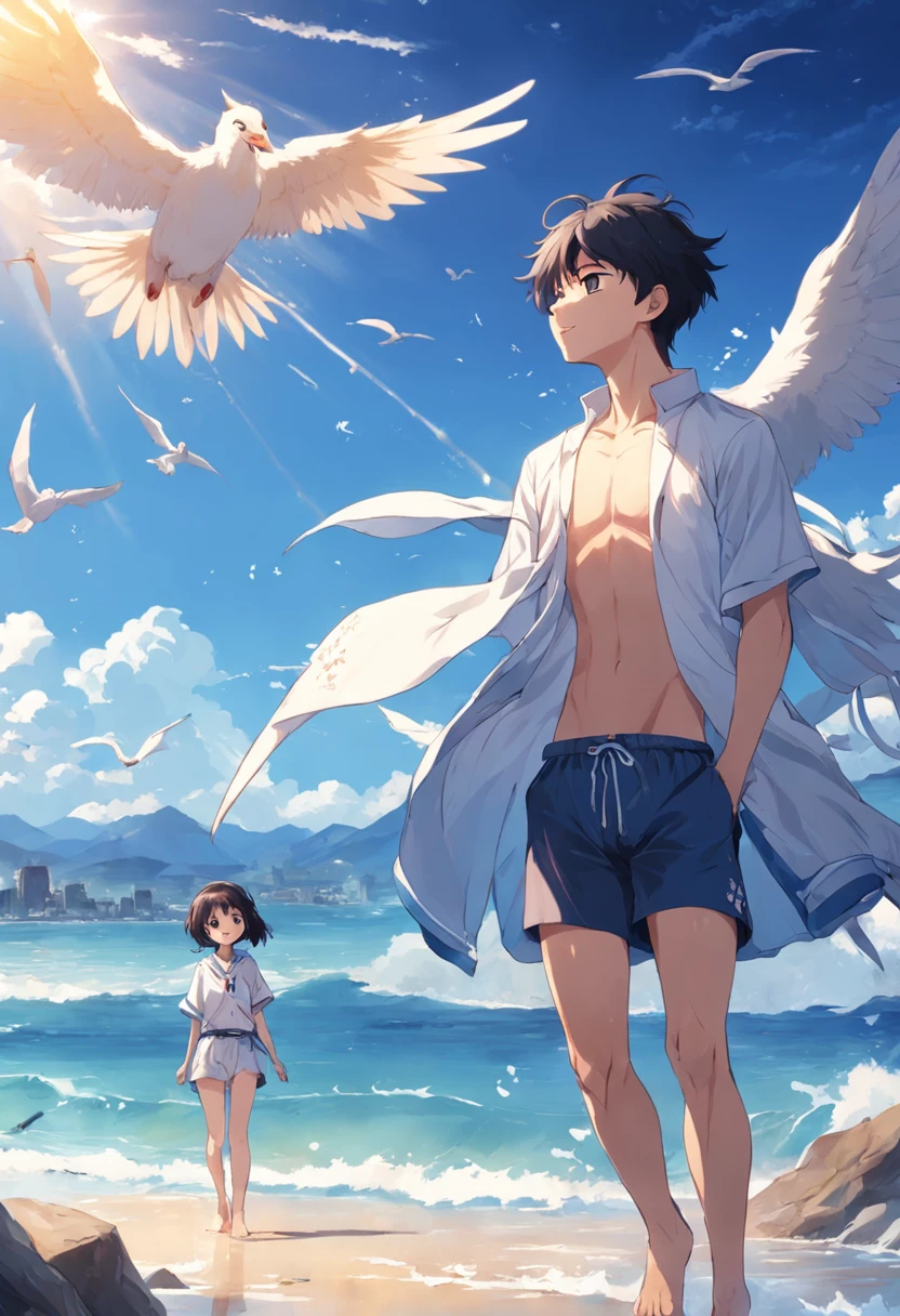 Young men,self-assured,Sunny and cheerful,beachside,blue-sky,baiyun,seabird,rays of sunshine