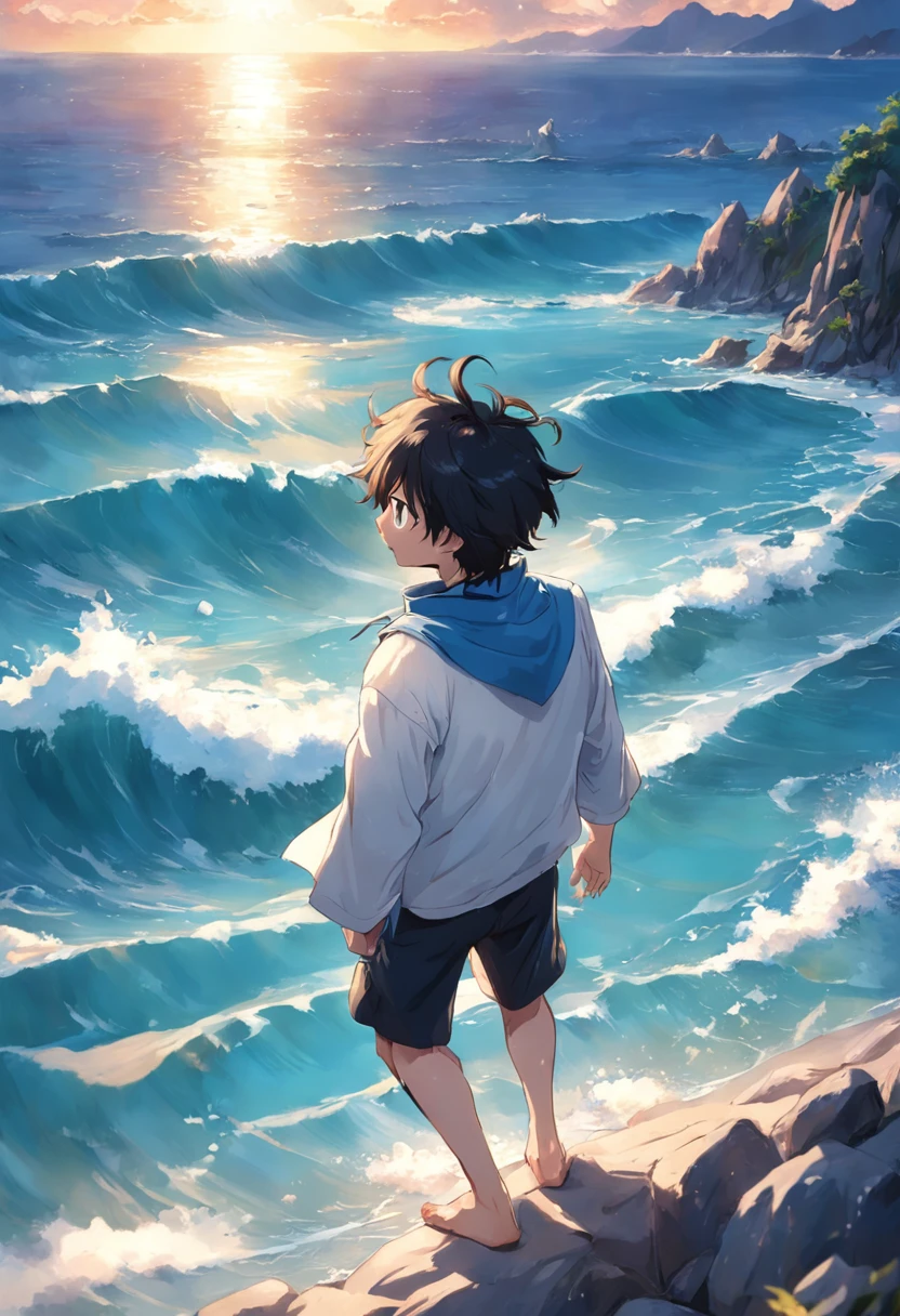Young men,self-assured,Sunny and cheerful,beachside,blue-sky,baiyun,seabird,rays of sunshine
