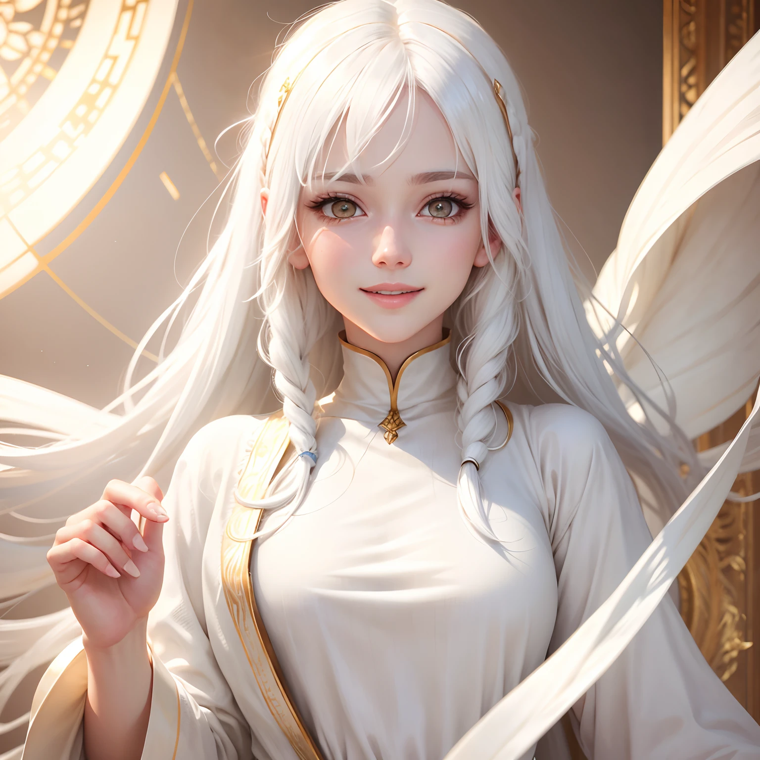 best quality, white hair, gold eyes, white clothes, looking up, upper body, hair strand, Fair skin, smiling, fingers to the mouth