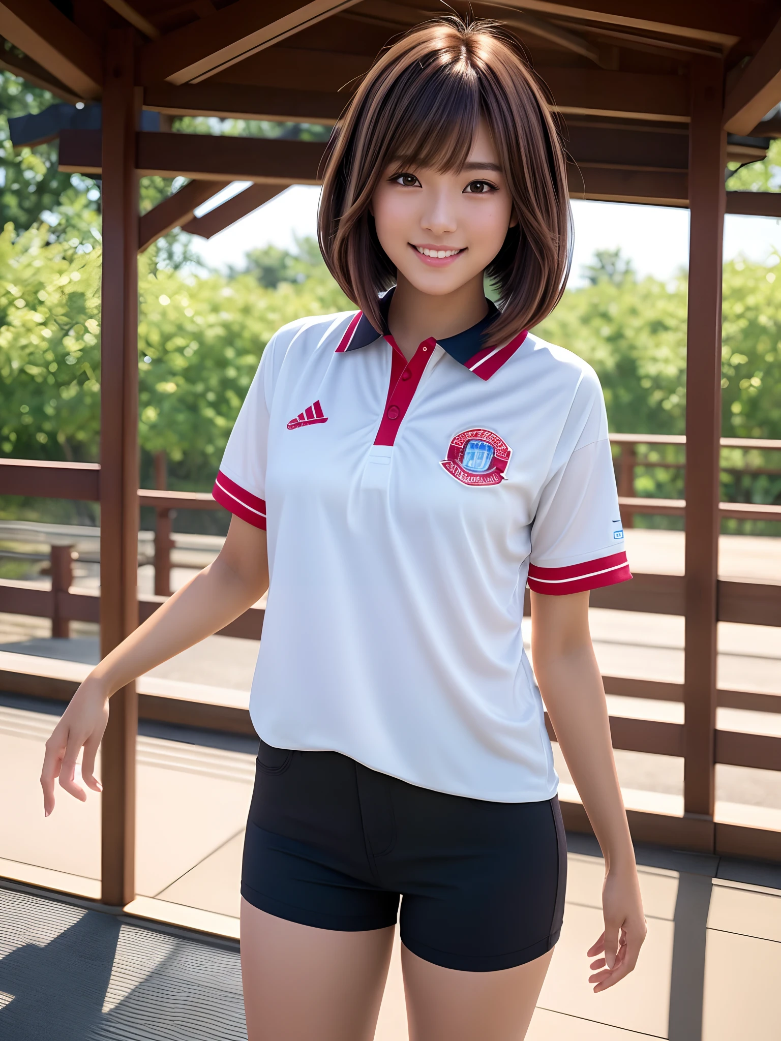 product quality, 1girl in 1photo, cowboy shot, front view, young pretty girl in Japan, 18 years old, bob hair, a big smile, glamorous figure, wearing a red PE uniform, standing alone on a ground of a high school, sweaty face, super cute face, glossy lips, double eyelids for both eyes, natural makeup, long eyelashes, shiny smooth light brown bob hair, asymmetrical bangs, tanned skin, center image, 8K resolution, high resolution, detailed hairstyle, detailed face, spectacular movie lighting, octane rendering, hyper realistic, perfect limbs, perfect anatomy