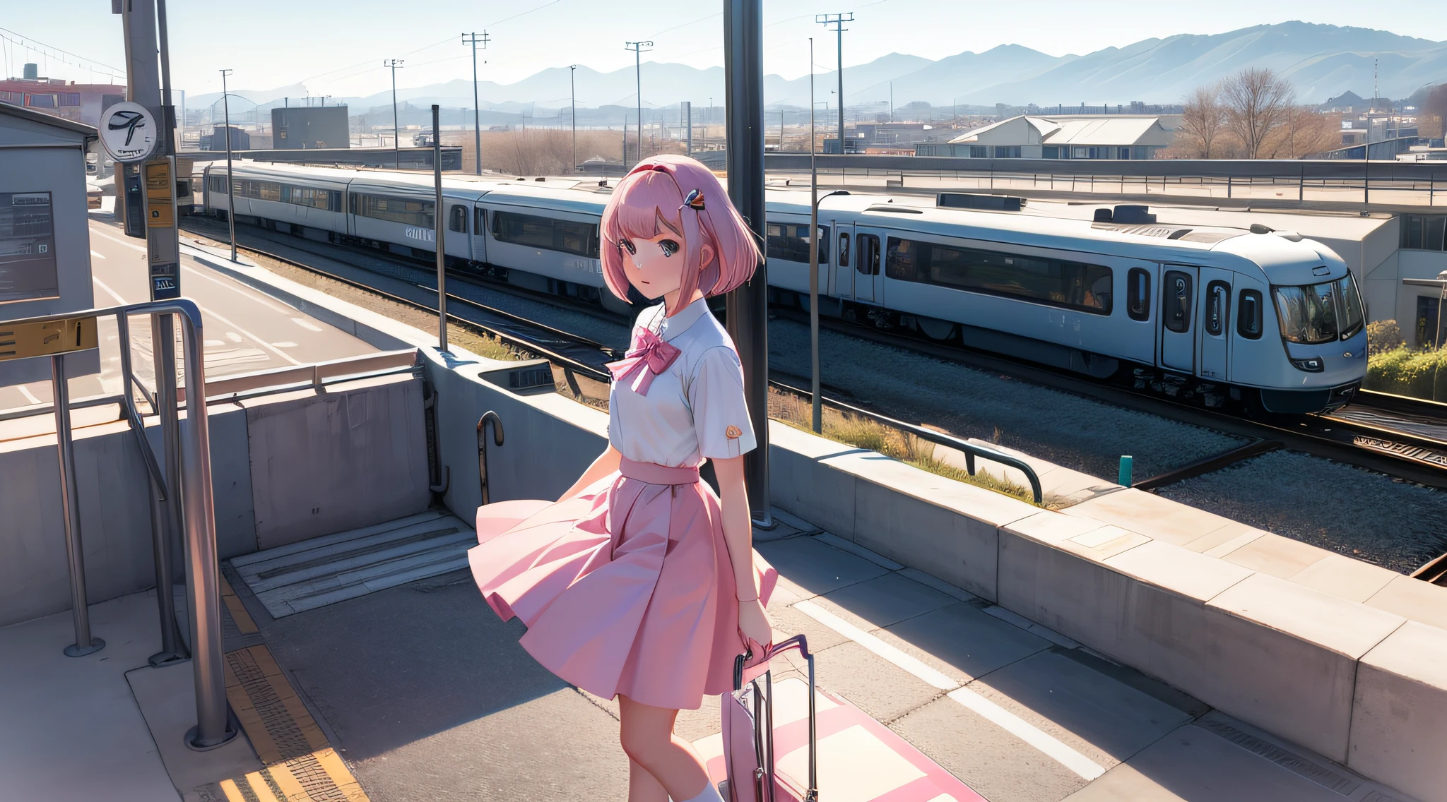 A girl looking out from the train platform，Short pink skirt，White shoes， old