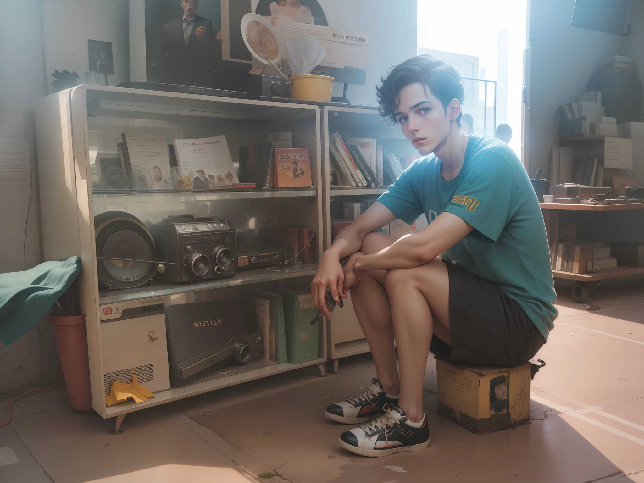 vintage vibe,street photography,retro color grading,face not change,in music stuio,smart boy,film color full,in library