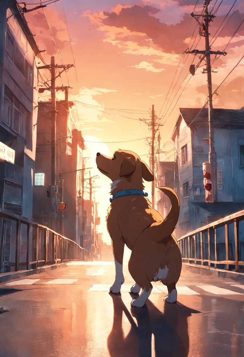 Dog crossing the bridge，birthday，the setting sun