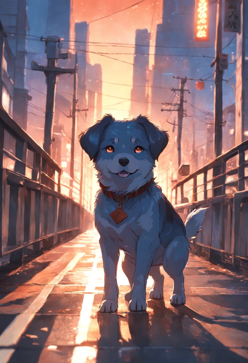 Dog crossing the bridge,birthday,the setting sun