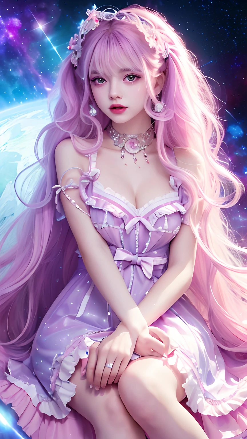 4K Ultra HD, Masterpiece, A girl with a magical aura, Good face, Long hair, shinny hair, Detailed eyes, Glossy lips, Wearing a red Lolita costume, The aura around the body, Magical effect, Spread white light, Cosmic elements and ethereal atmosphere, A mix of bright lights and colorful nebulae, universe background, Sitting, Full body capture.