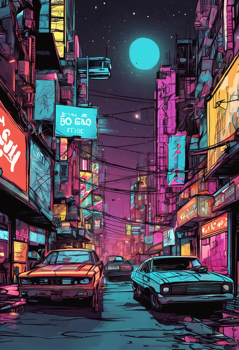 Art estilo neoTokio de noite, buildings and street with plenty of neon, signs and reflections on the floor, estilo cyberpunk , carros voadores e guarda-chuvas