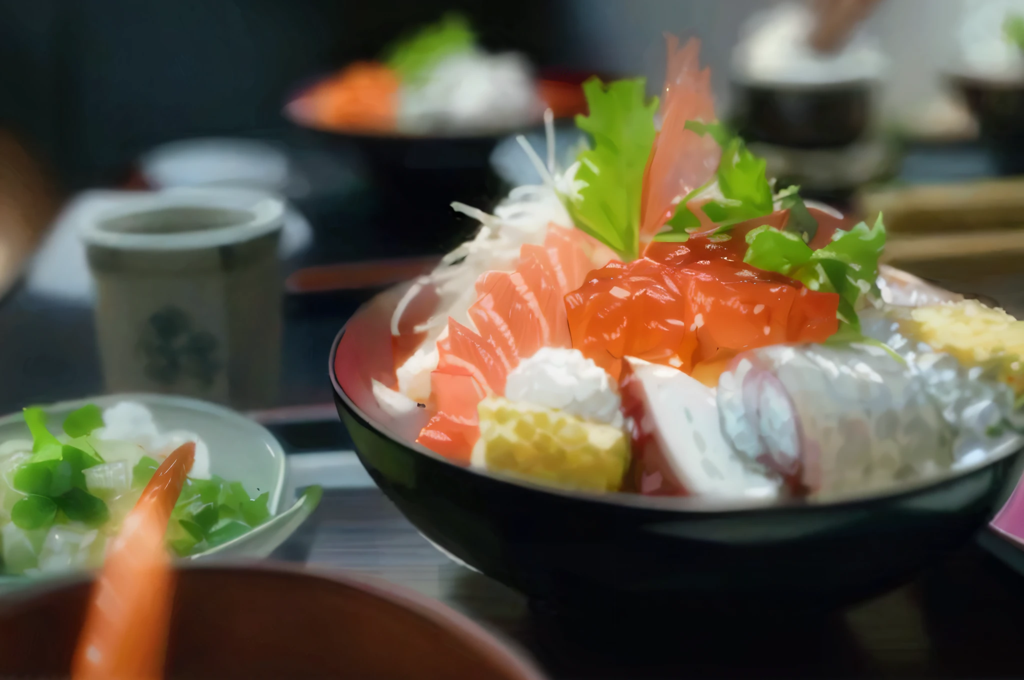 There was a bowl of Sukhri and various vegetables, japanese fusion cuisine, food commercial 4 k, inspired by Nishida Shun'ei, a portrait inspired by Asai Chū, bowl filled with food, delicacy, offering a plate of food, sasai ukon masanao, food photography 4 k, style of shuzo oshimi, sushi
