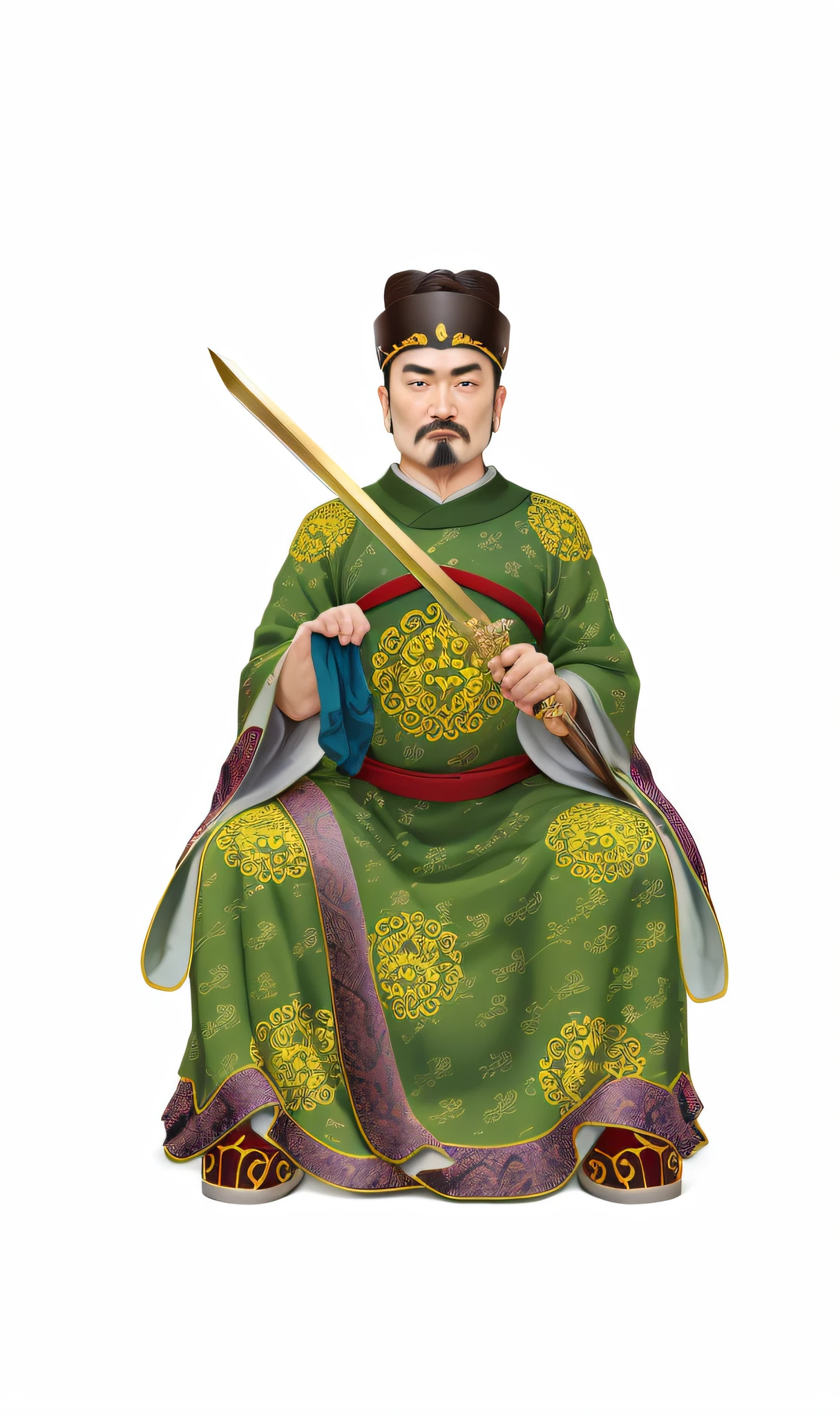 Image of Araved of a man in a green robe holding a sword, Guan yu, inspired by Xuande Emperor, hua cheng, Inspired by Hu Zaobin, inspired by Fan Kuan, Chinese Warrior, chi-gong, inspired by Huang Ding, inspired by Dong Yuan, Tang dynasty, royal emperor, feng shu, bian lian，Ultra photo realsisim, 8K, primitive，tmasterpiece，Extremely detailed, High quality, front image，looks into camera，Take the image of a traditional Buddha statue as a man，Taoist，Taoist，The contours of the face are clear，without a beard，Gentle expression，Harmony，stately，Soft eyebrows，a Buddhist Buddha，opening eyes，With a hat on，Chinese hats，Green robe，chineseidol，Single male，Holding an ancient Chinese sword，Golden sword，Chinese sword，Wearing ancient boots，Song Dynasty,Song Dynasty,Song costume，Clean face，Optimal proportions of four fingers and one thumb，Sword in one hand，Clench a fist in one hand，Asian people，Young person，Immortals，Immortal，Big eyes，Sit upright，