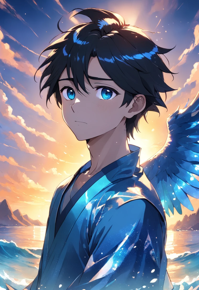 Young man avatar,Confident and cheerful,glittery,beachside,blue-sky,baiyun,seabird,rays of sunshine