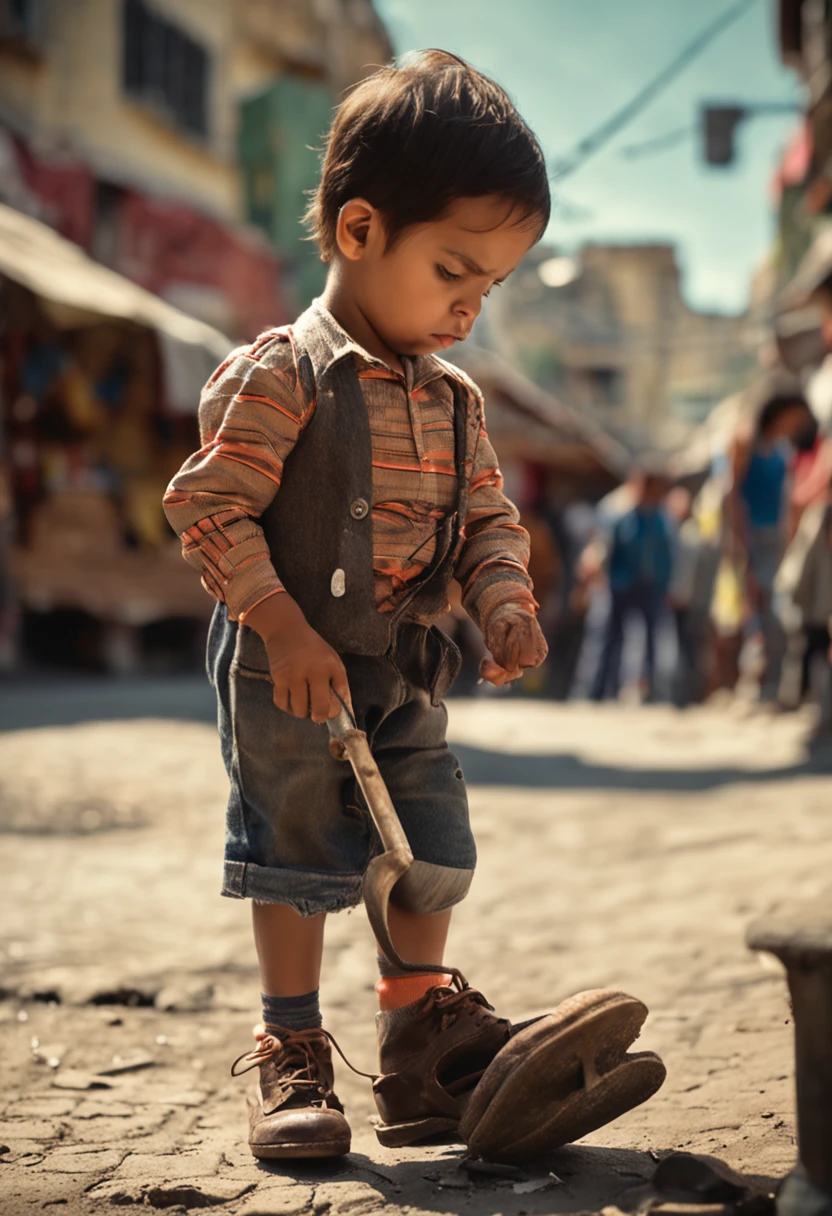 a is polishing a gentle means shoes in street they are in city nice weathewr ,